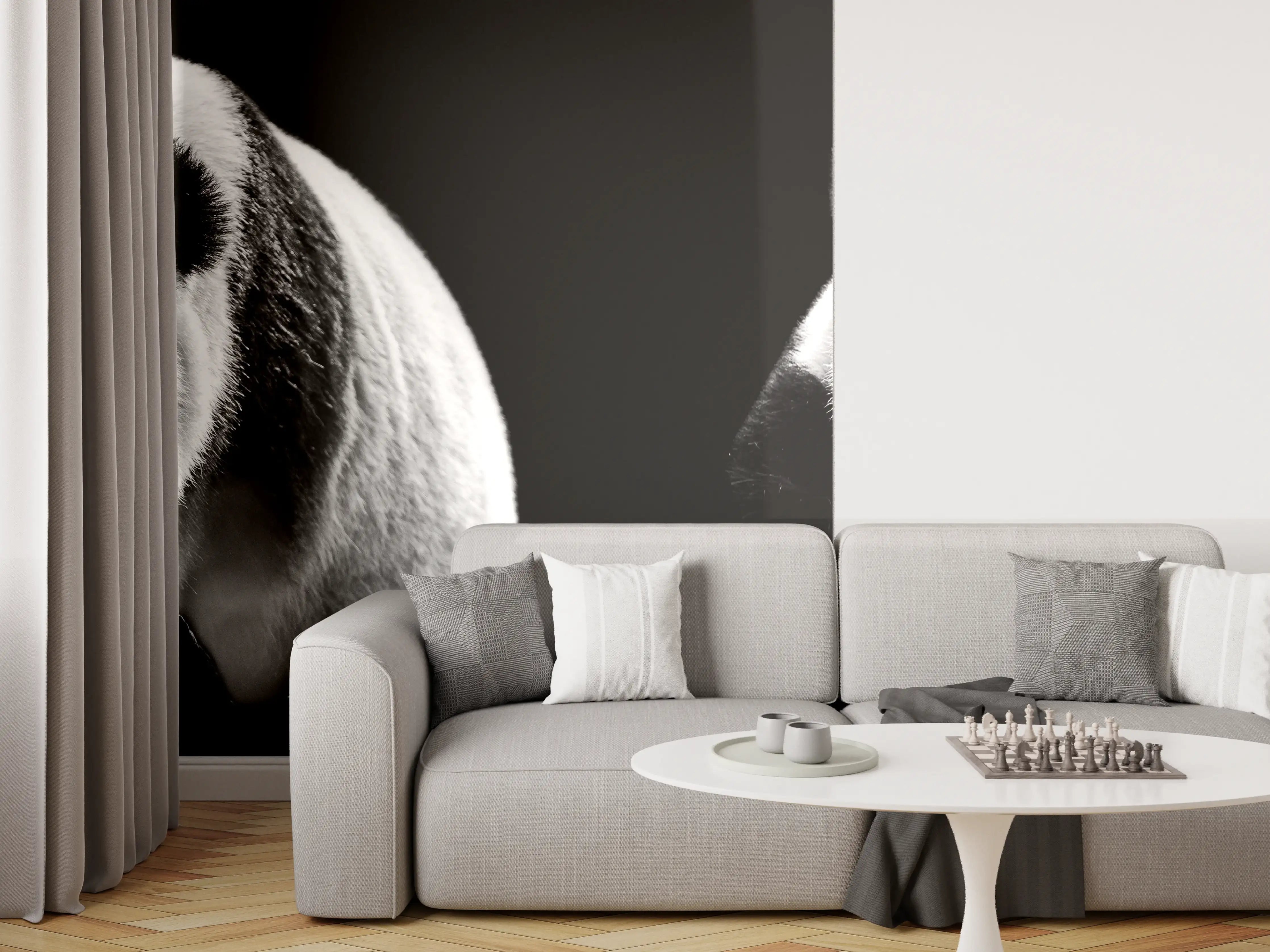 Wandverkleidung Wohnzimmer - Panda mit schwarzem Hintergrund