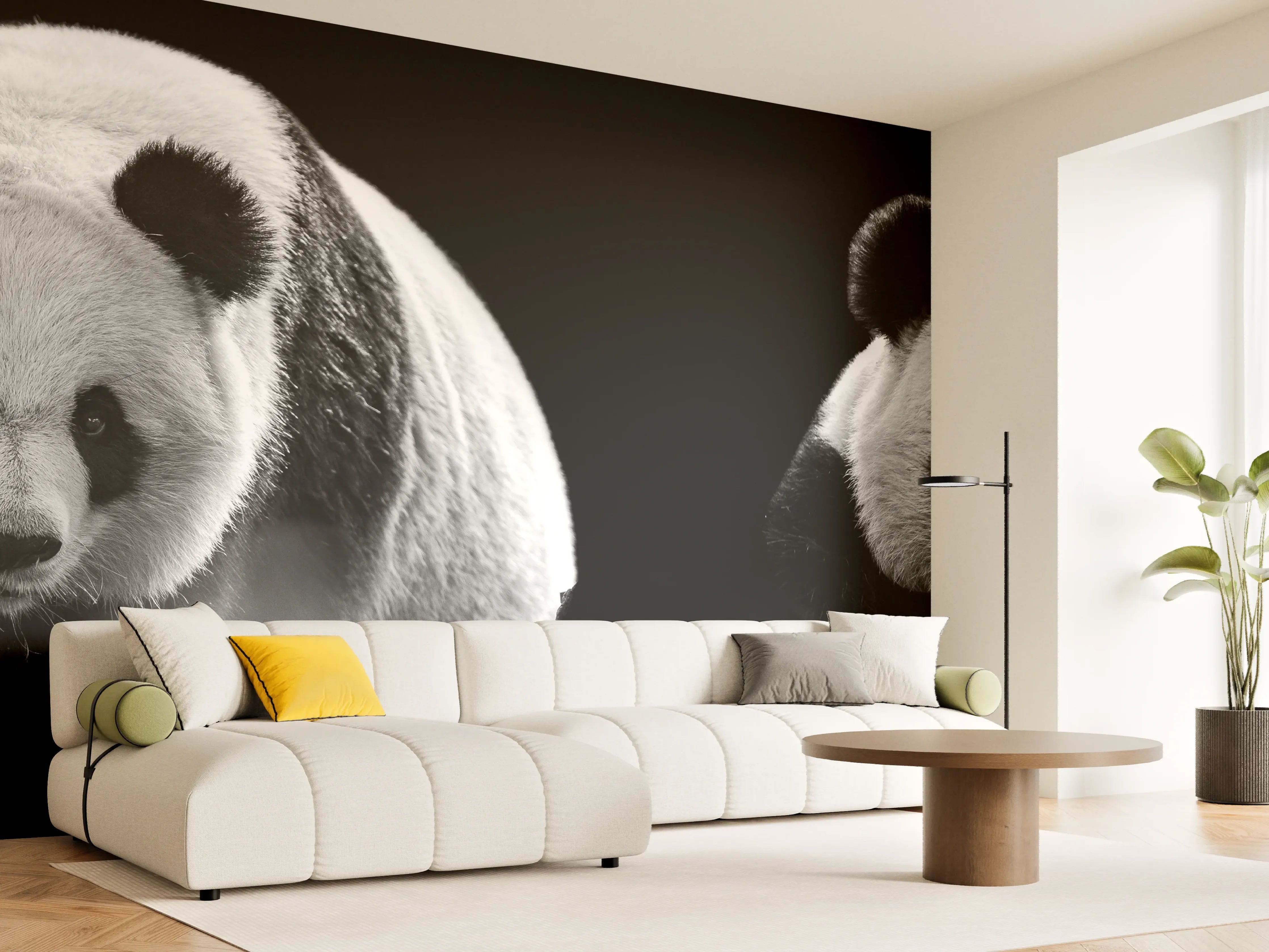 Wandverkleidung Wohnzimmer - Panda mit schwarzem Hintergrund