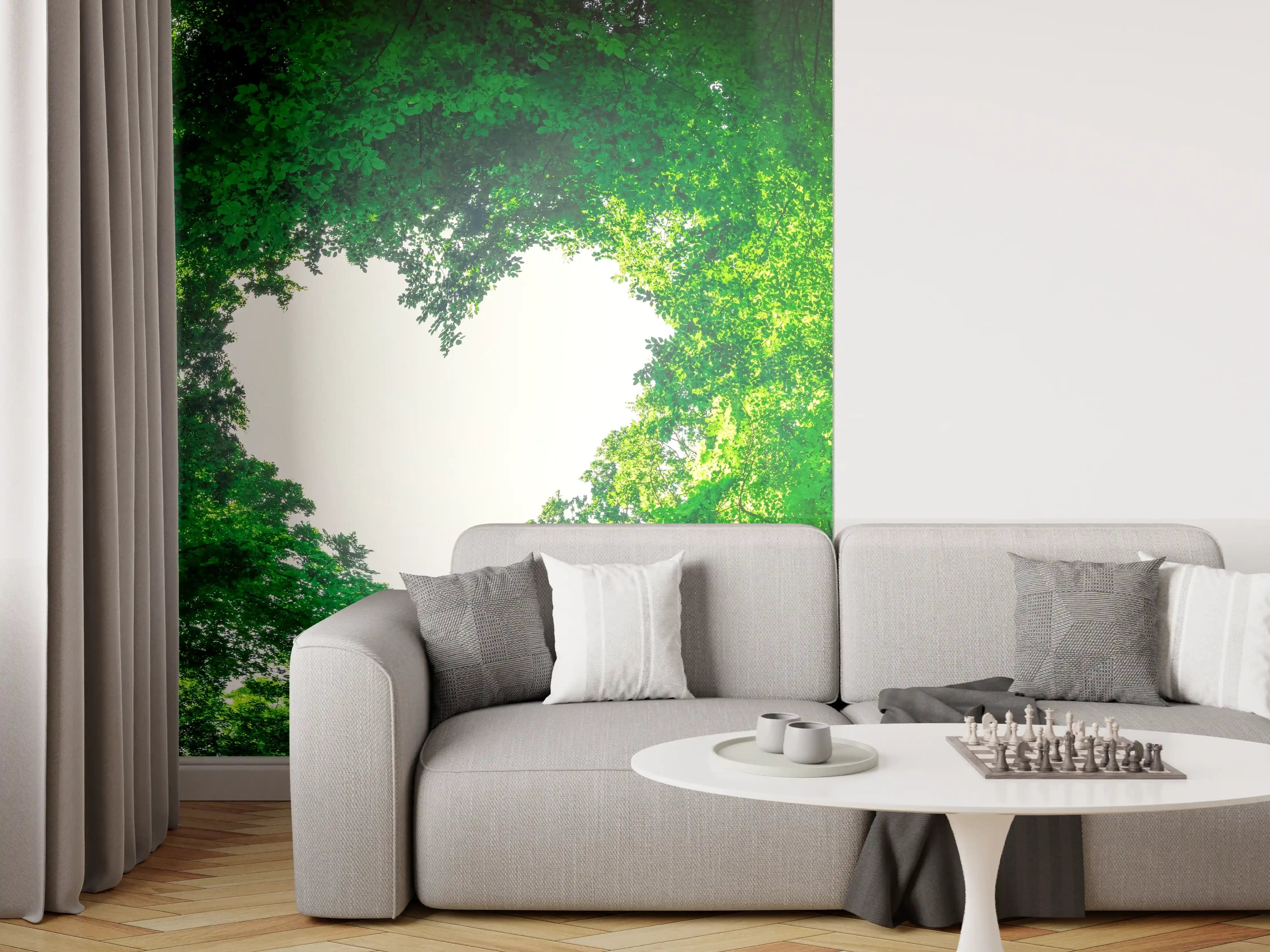Wandverkleidung Wohnzimmer - Panorama - Baumkronen formen ein Herz