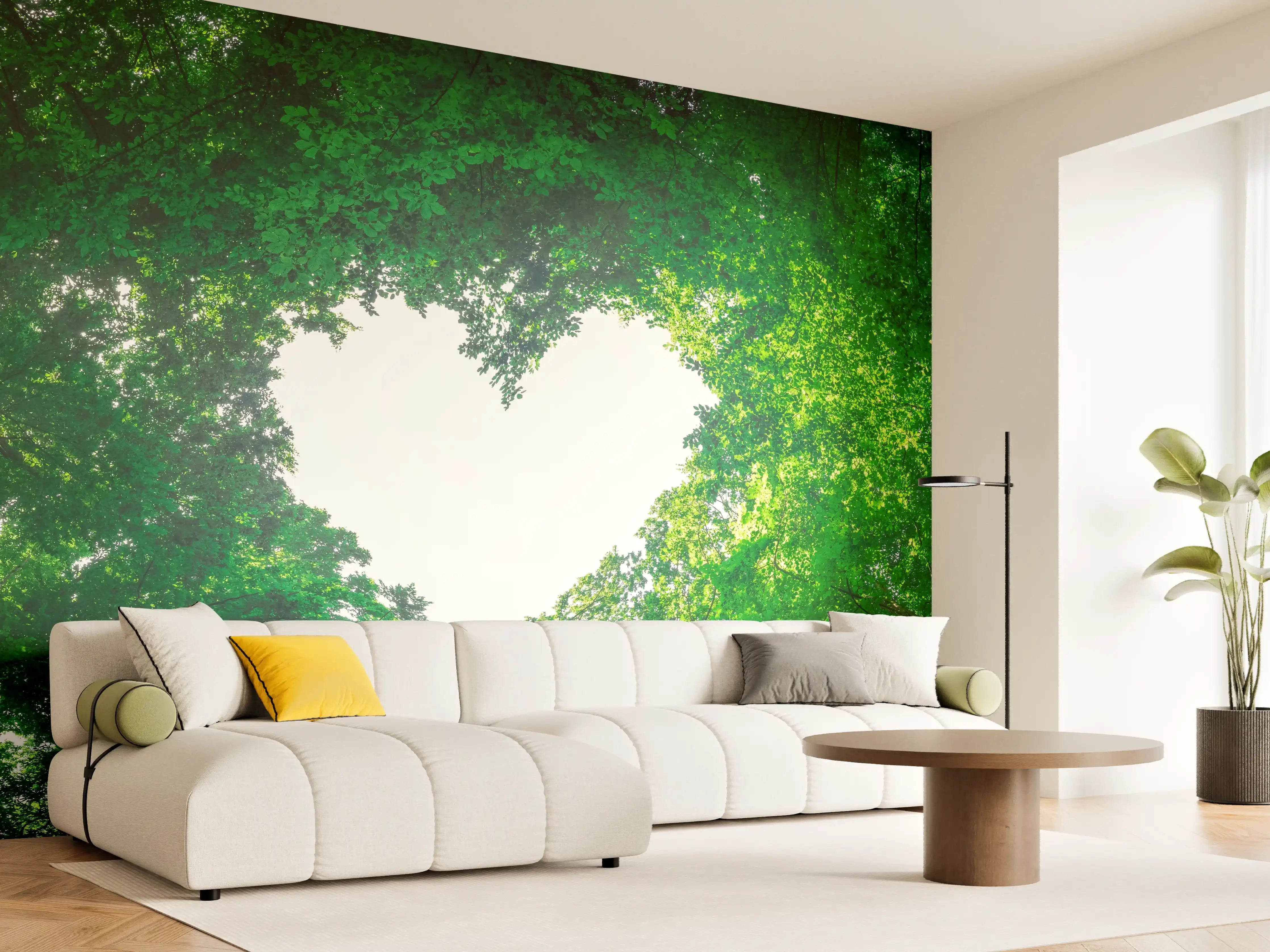 Wandverkleidung Wohnzimmer - Panorama - Baumkronen formen ein Herz