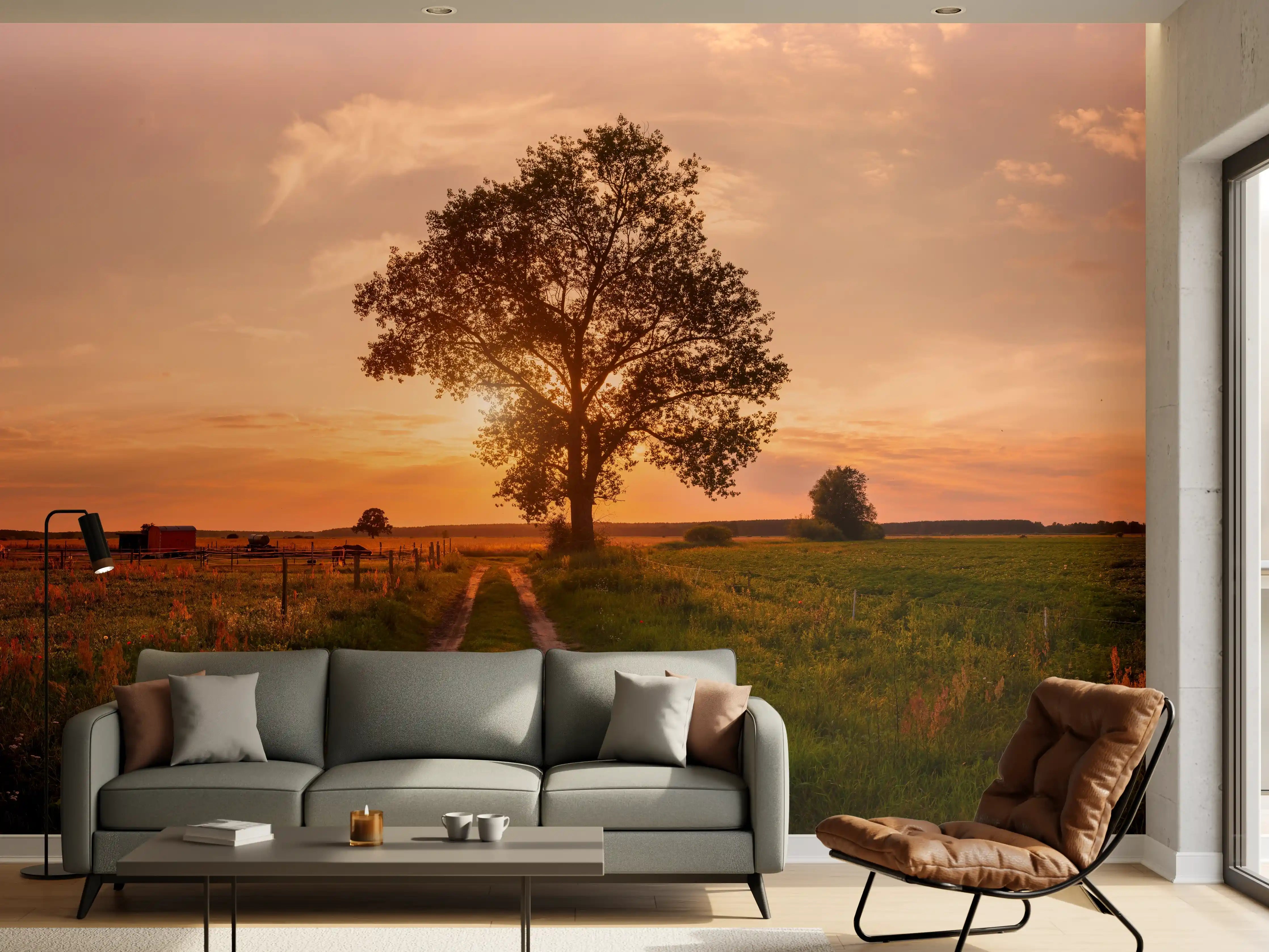 Wandverkleidung Wohnzimmer - Panorama Landleben Feldweg