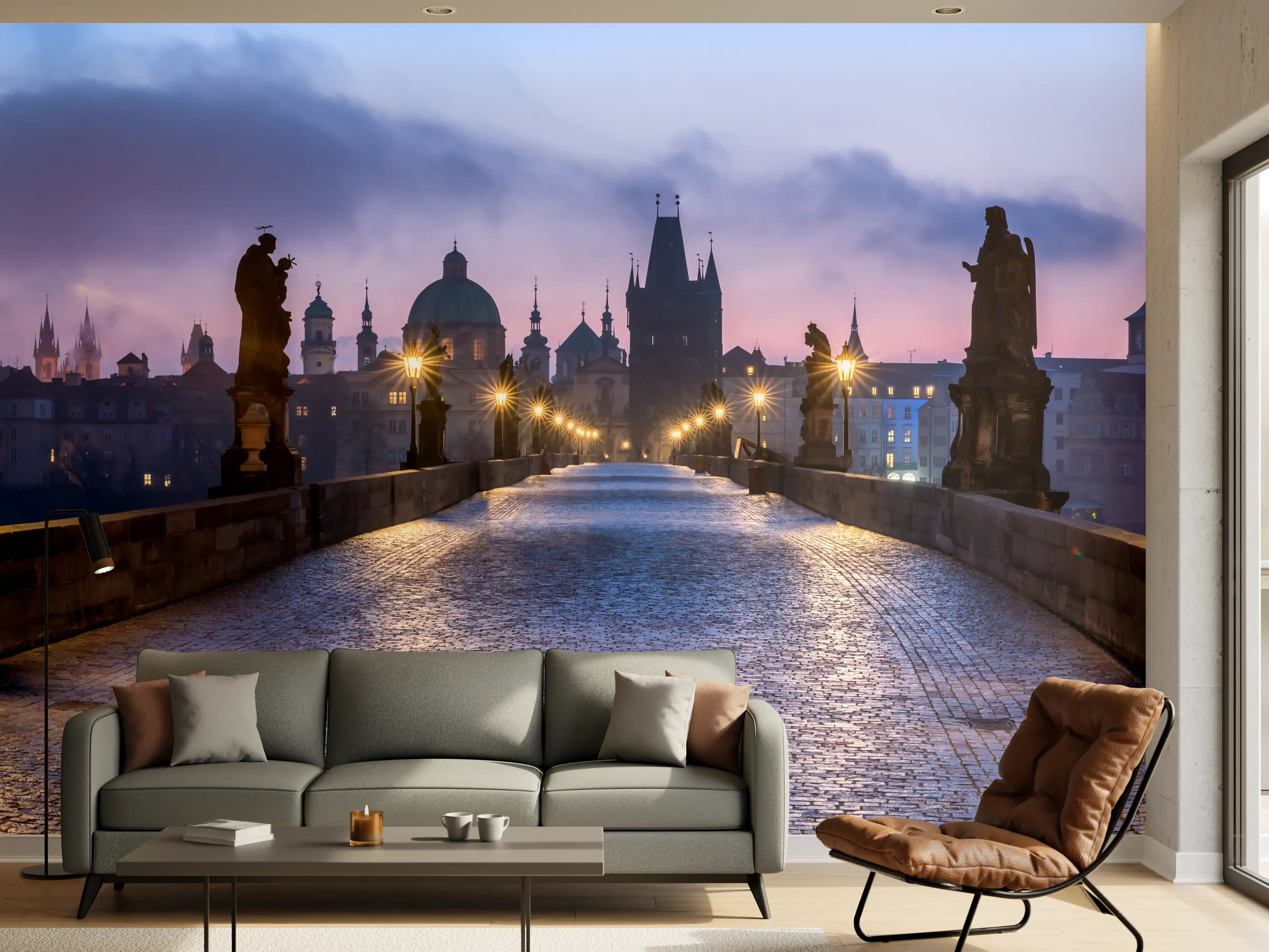 Wandverkleidung Wohnzimmer - Panorama der Karlsbrücke in Prag