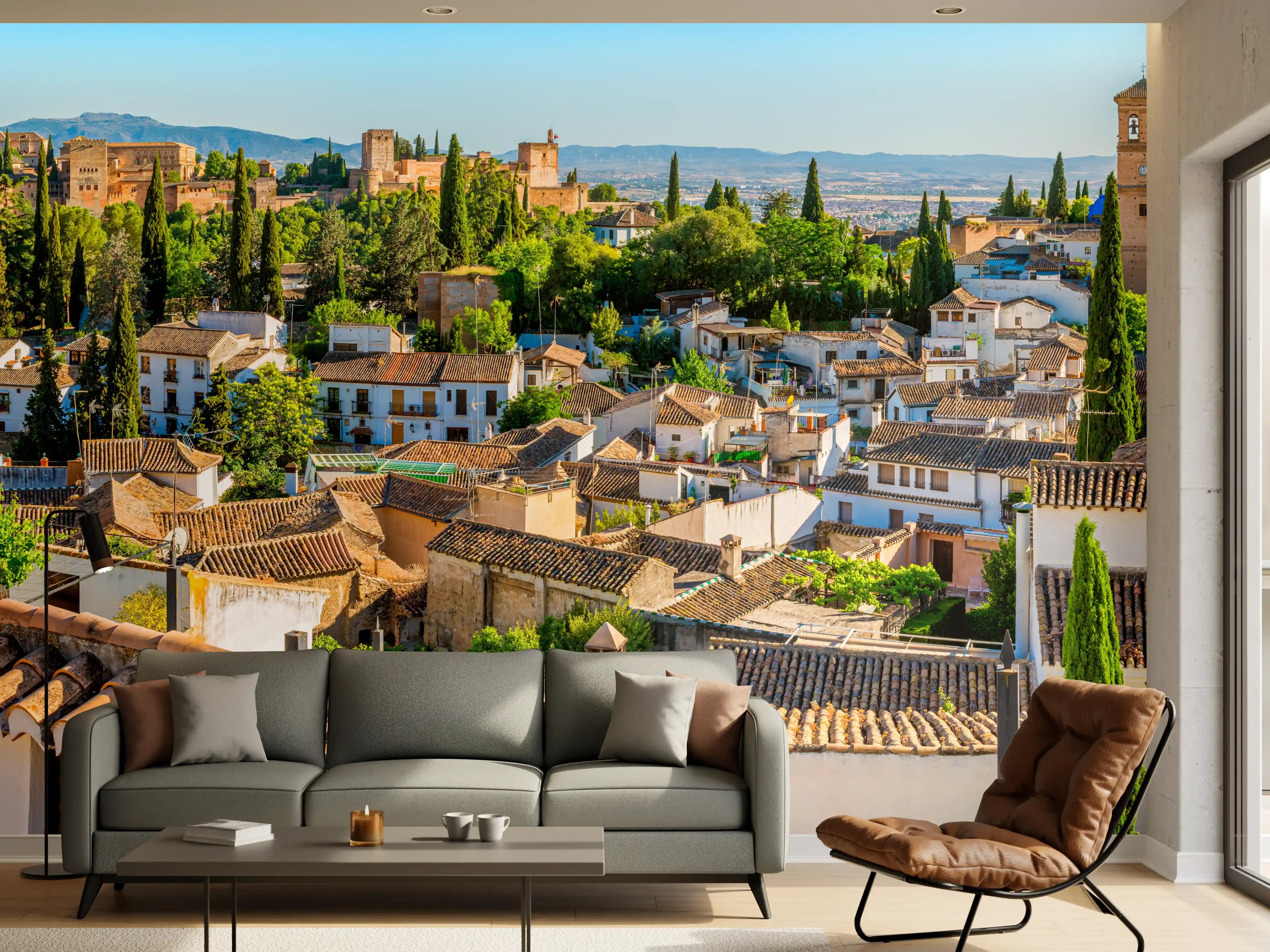 Wandverkleidung Wohnzimmer - Panorama der Stadt mit historischen Gebäuden