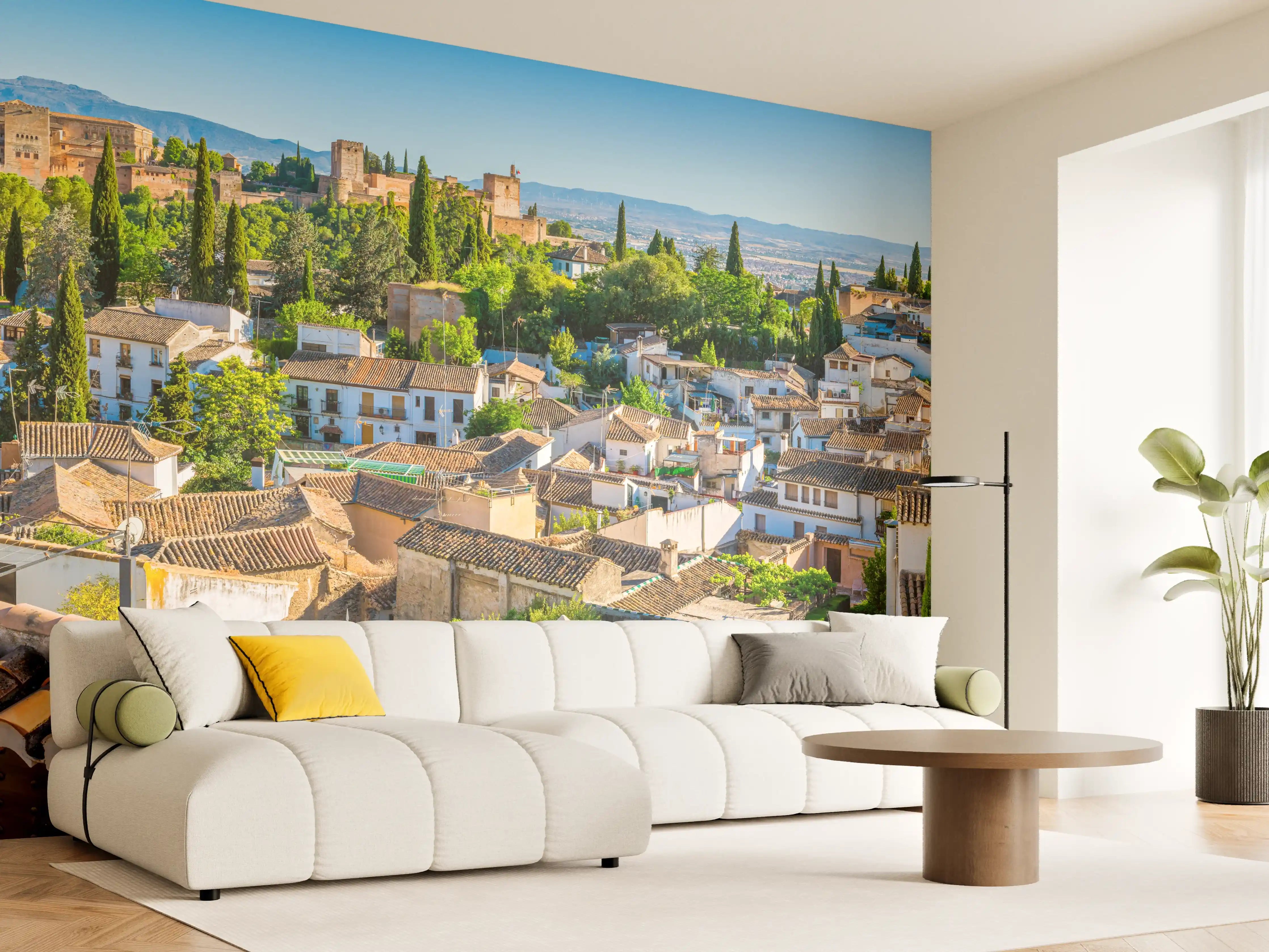Wandverkleidung Wohnzimmer - Panorama der Stadt mit historischen Gebäuden
