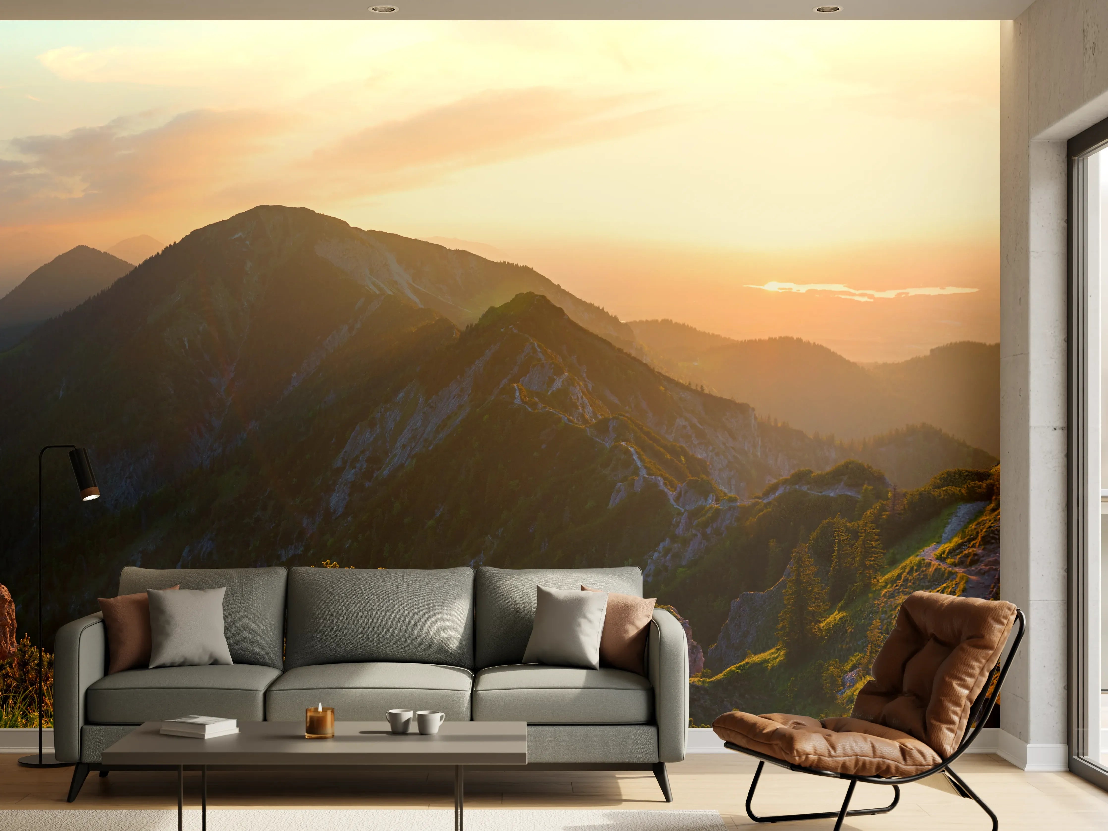 Wandverkleidung Wohnzimmer - Panorama der bayrischen Alpen bei Abendsonne
