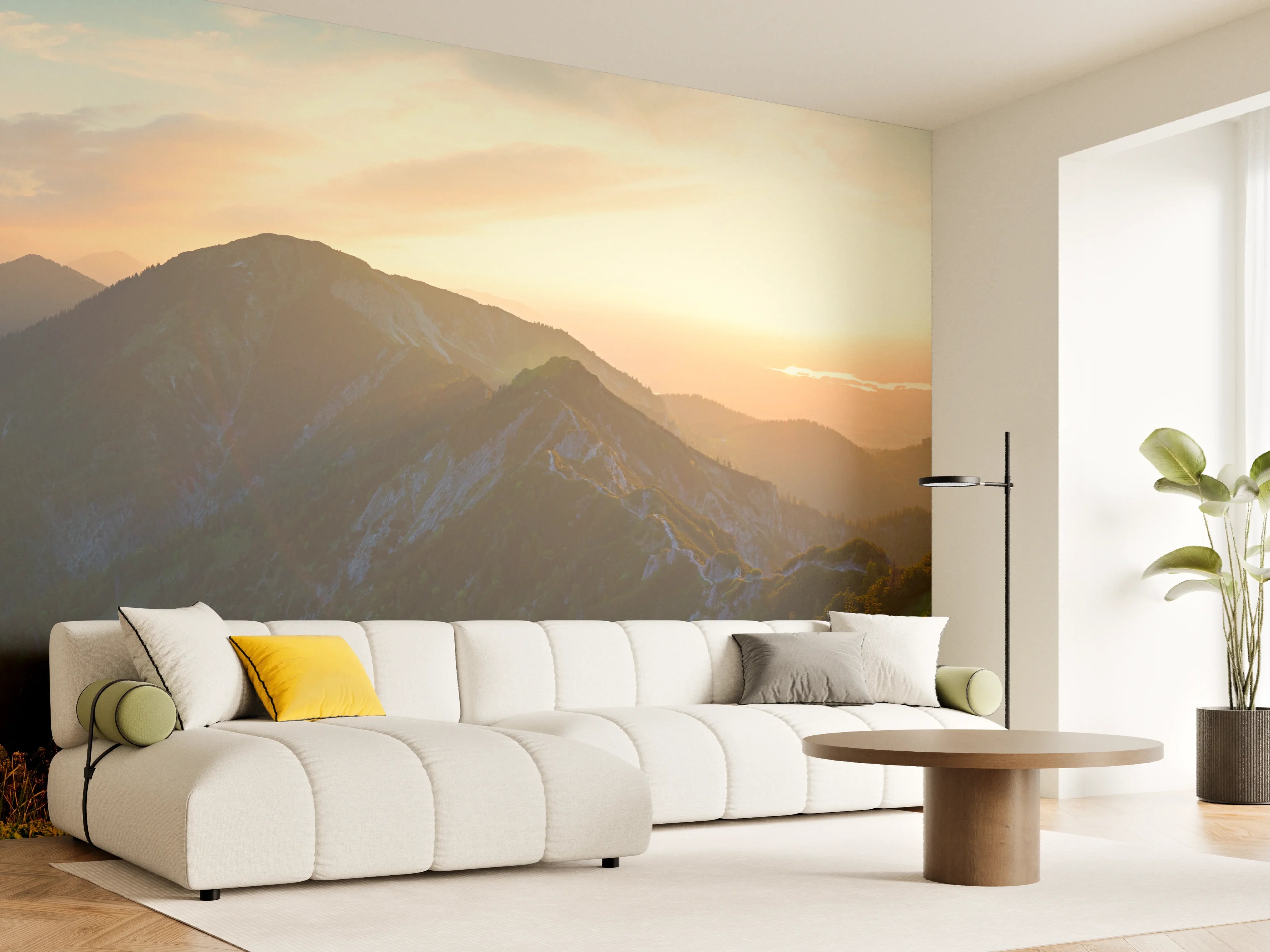 Wandverkleidung Wohnzimmer - Panorama der bayrischen Alpen bei Abendsonne