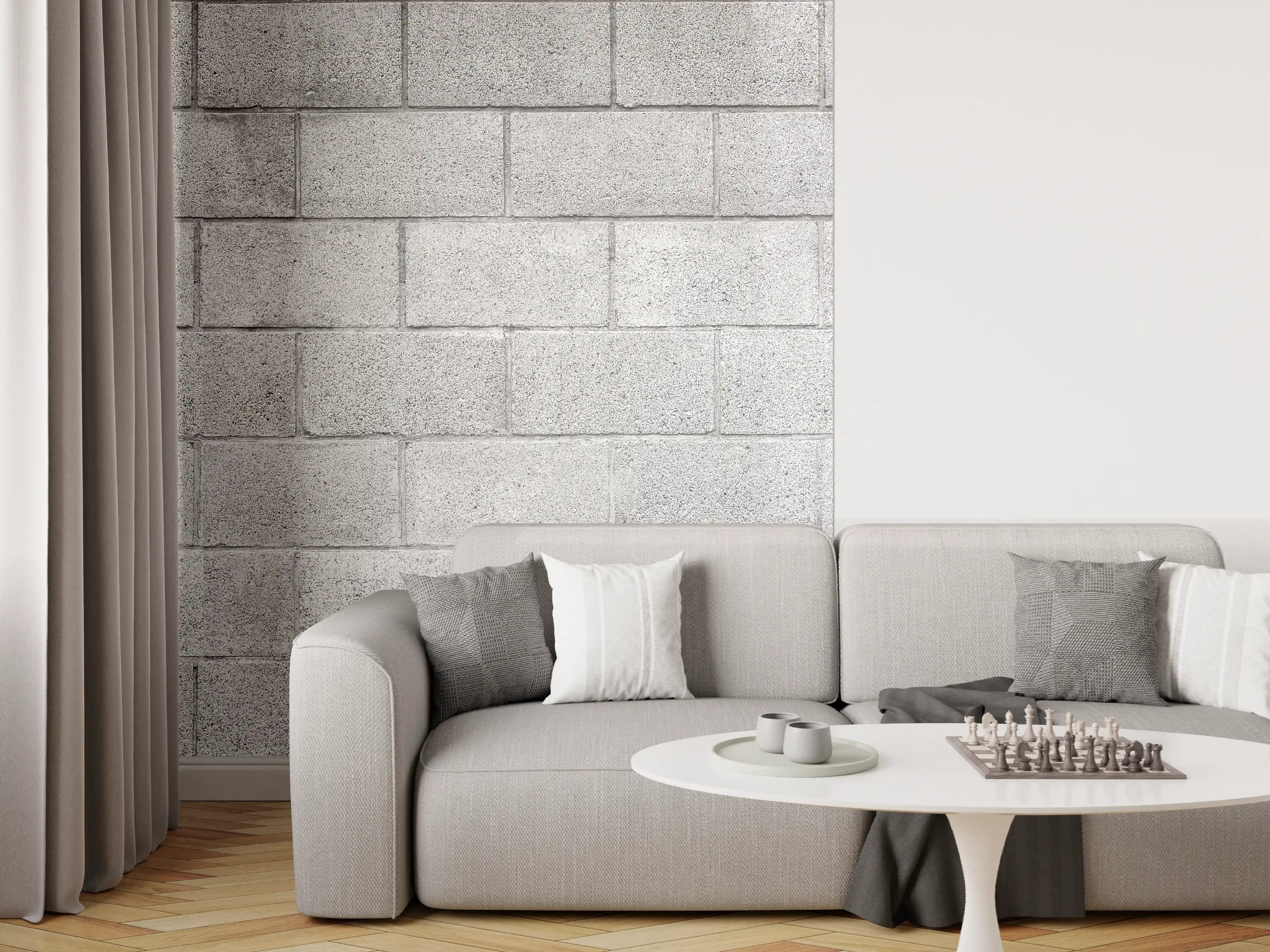 Wandverkleidung Wohnzimmer - Panorama der grauen Zementblockwand