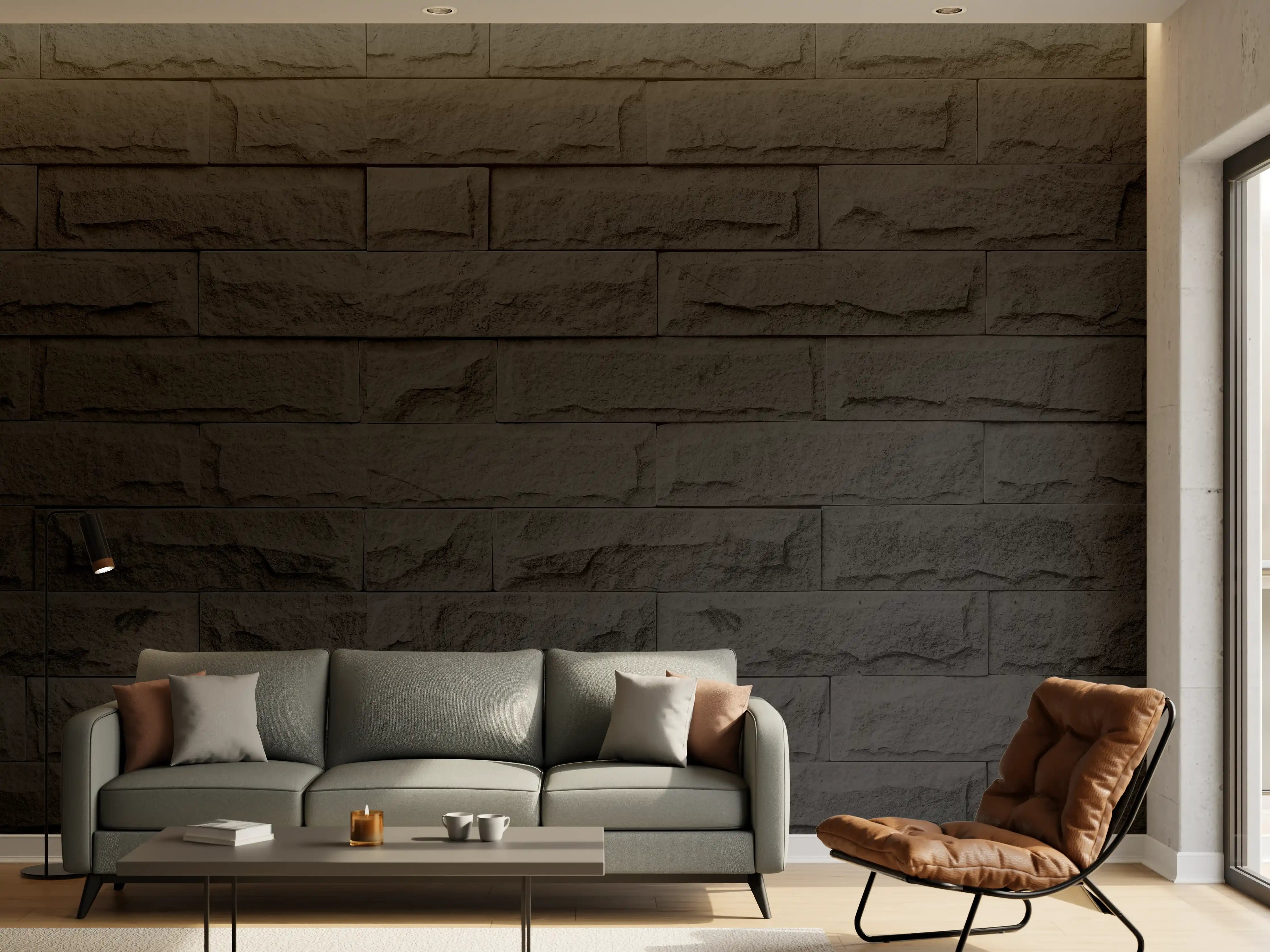 Wandverkleidung Wohnzimmer - Panorama der modernen schwarzen Backsteinmauer