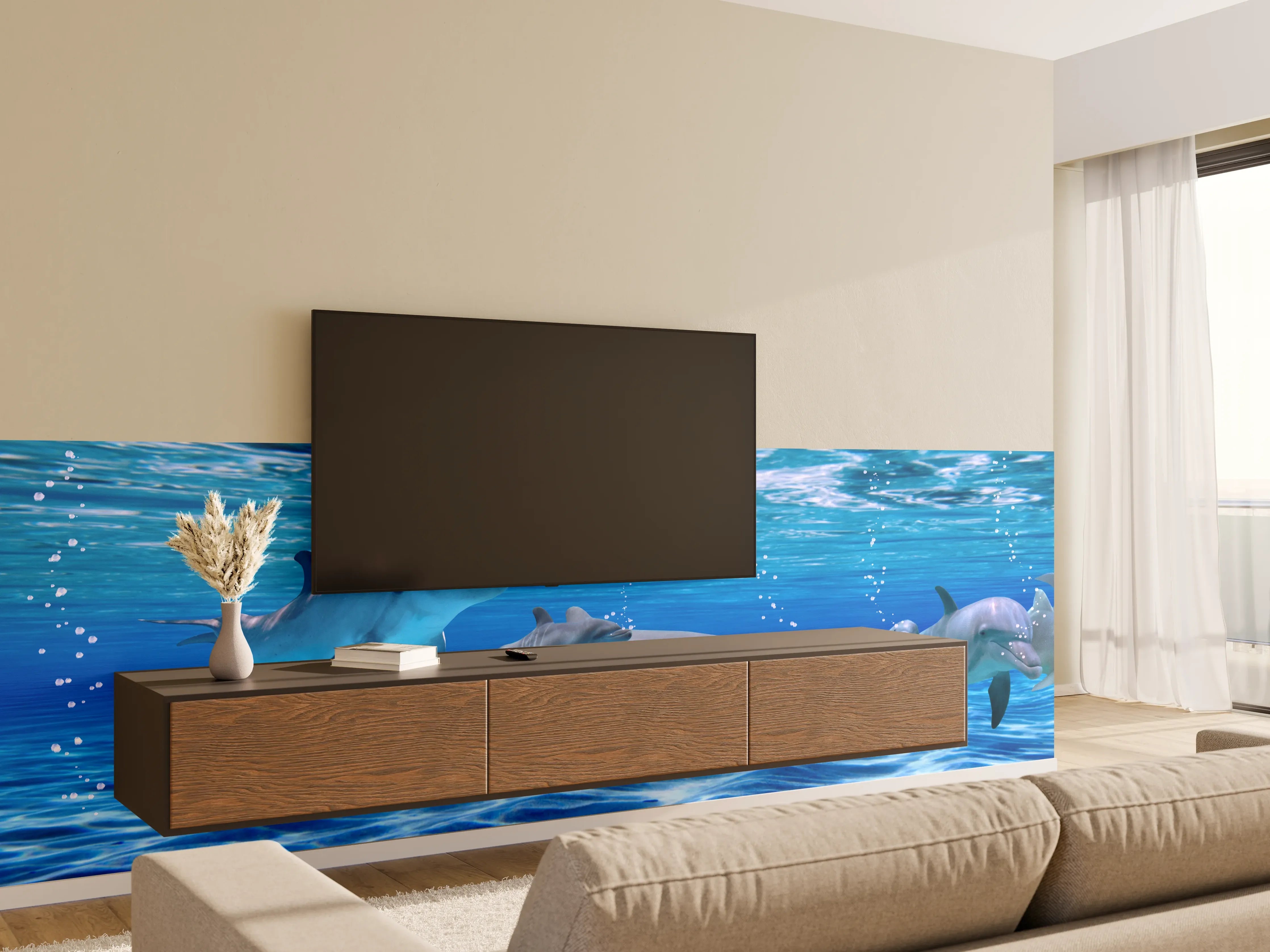 Wandverkleidung Wohnzimmer - Panorama der schwimmenden Delphine