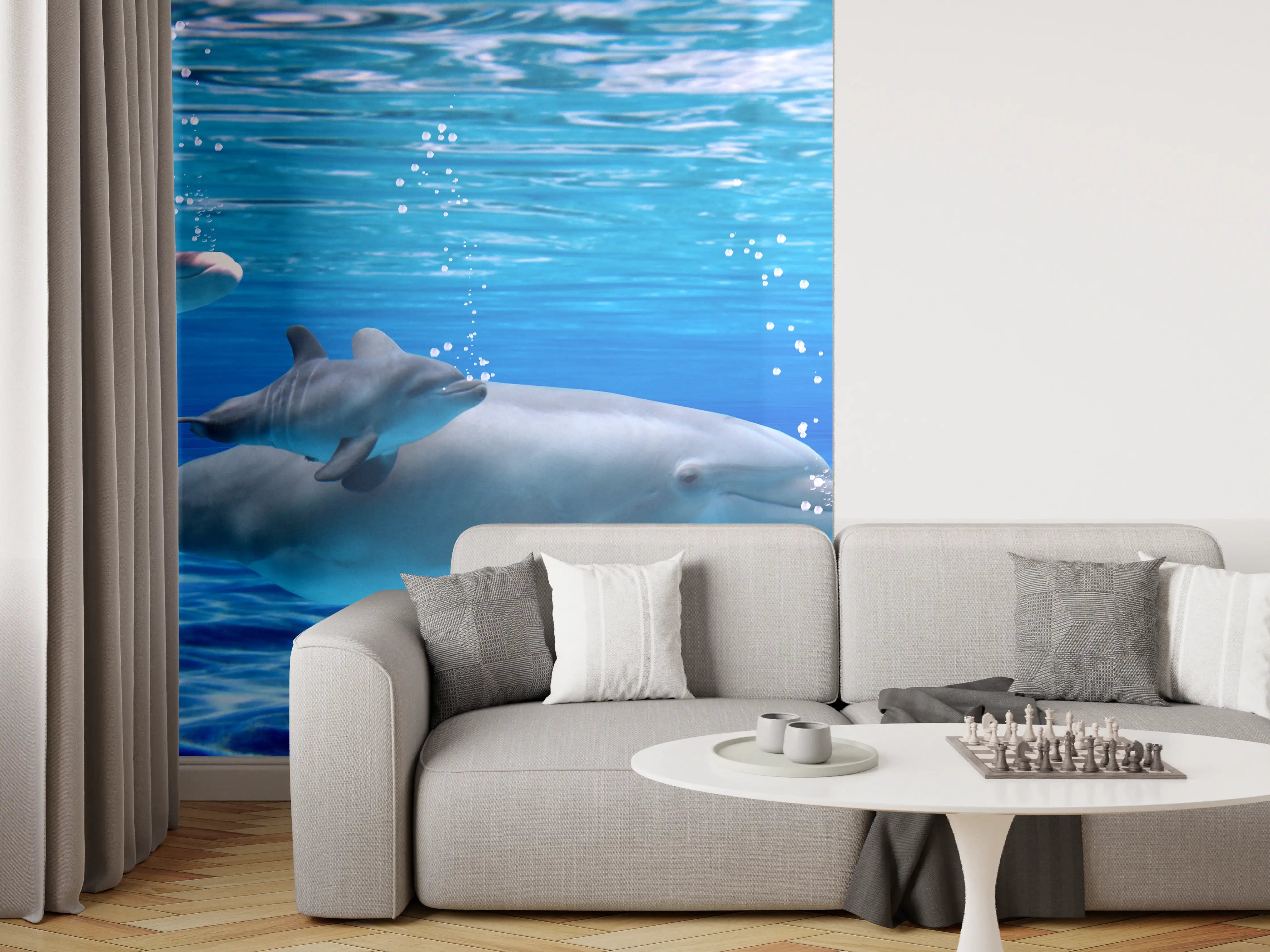 Wandverkleidung Wohnzimmer - Panorama der schwimmenden Delphine