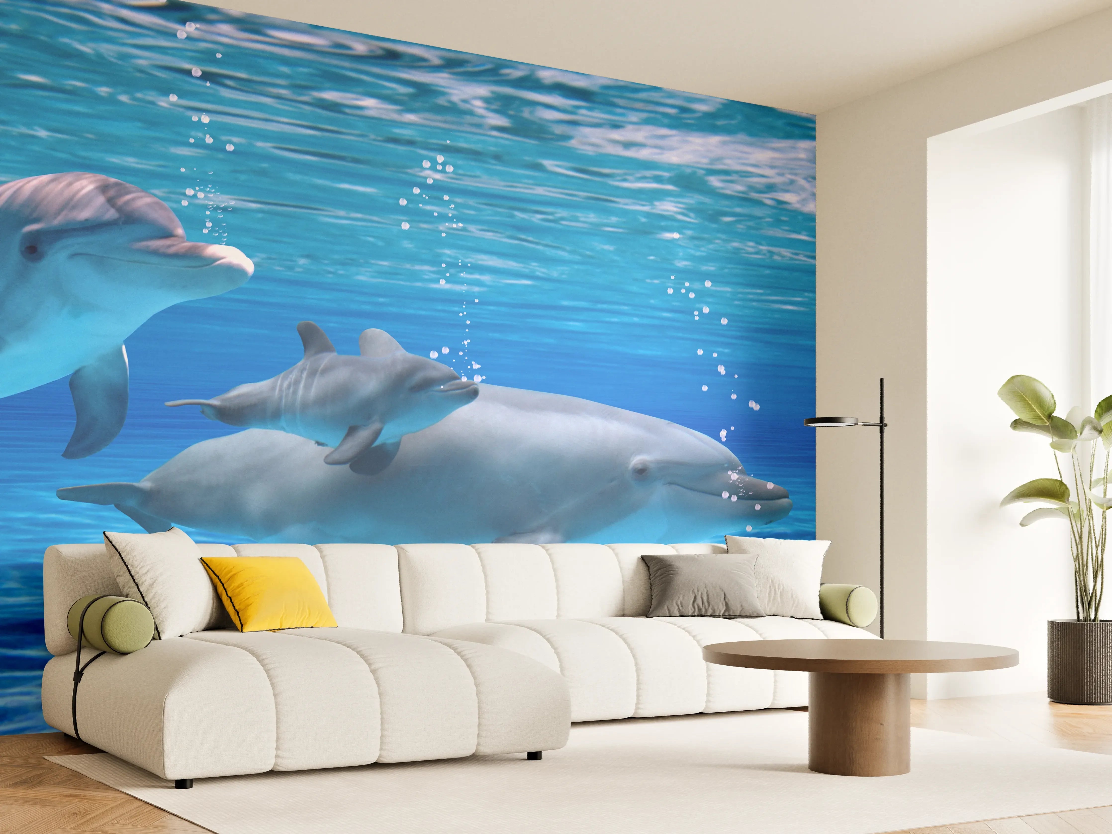 Wandverkleidung Wohnzimmer - Panorama der schwimmenden Delphine