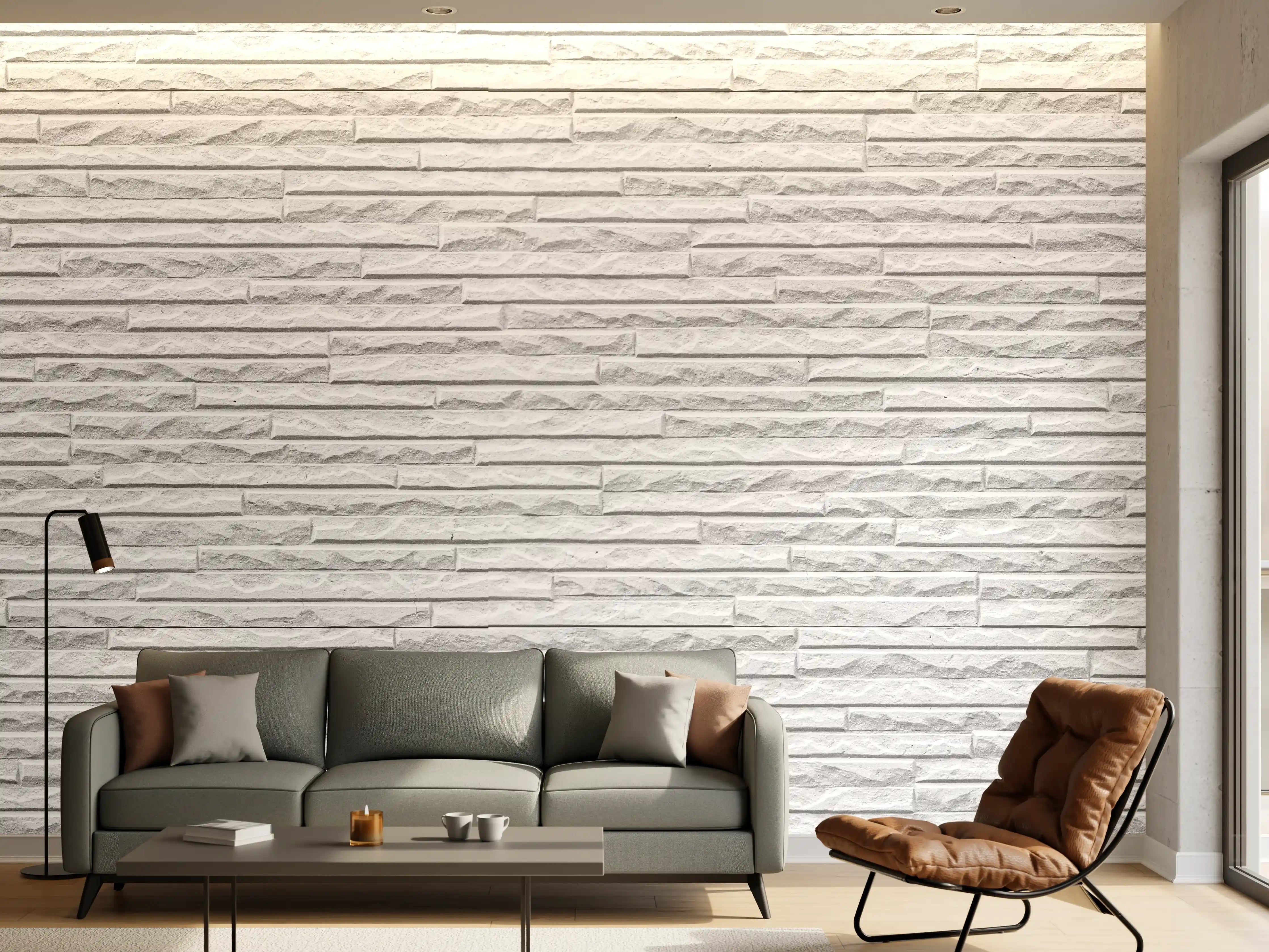 Wandverkleidung Wohnzimmer - Panorama der weißen Steinwand