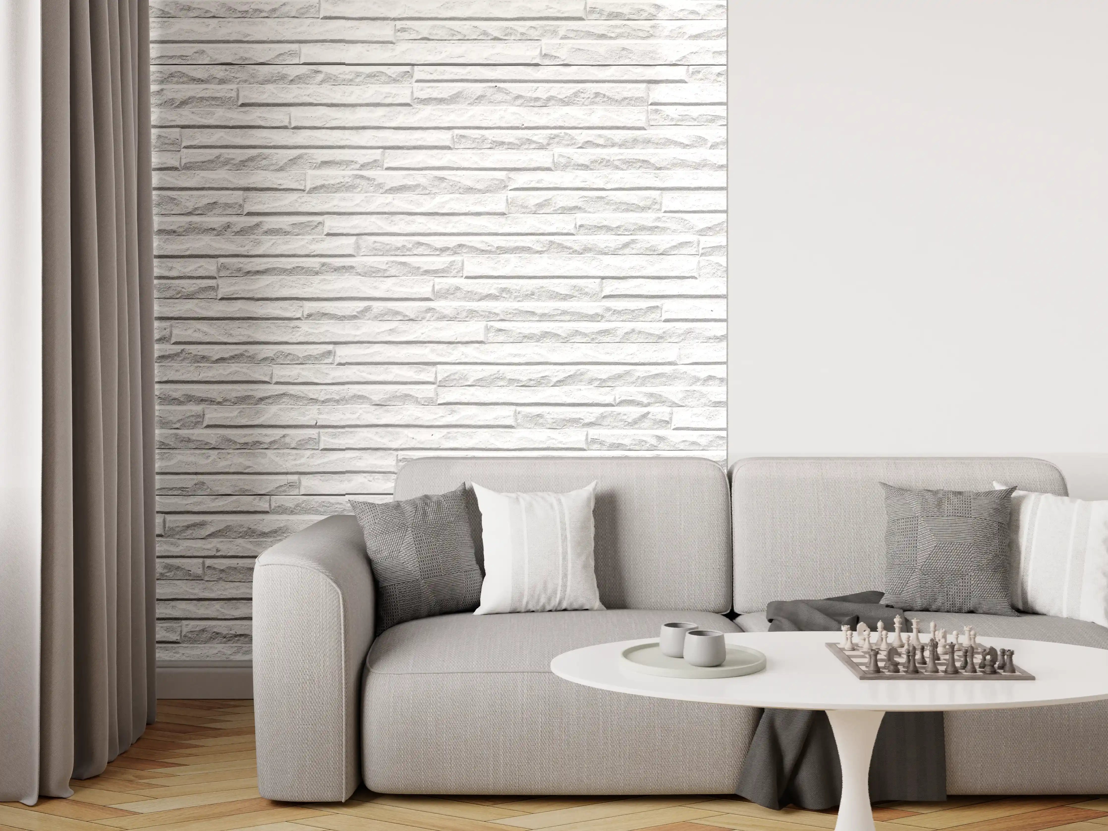 Wandverkleidung Wohnzimmer - Panorama der weißen Steinwand