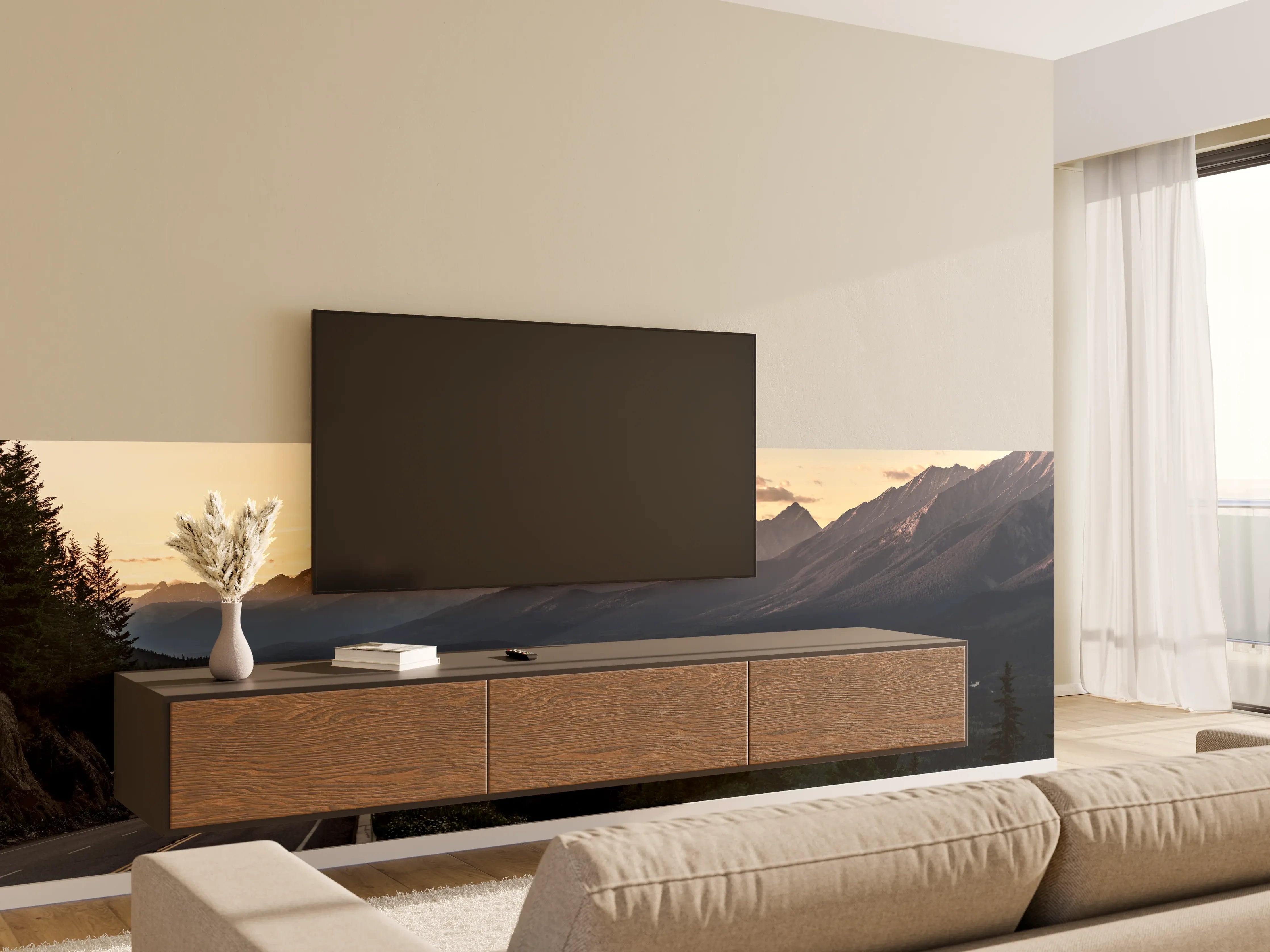 Wandverkleidung Wohnzimmer - Panorama des Kooteney Valley bei Sonnenuntergang