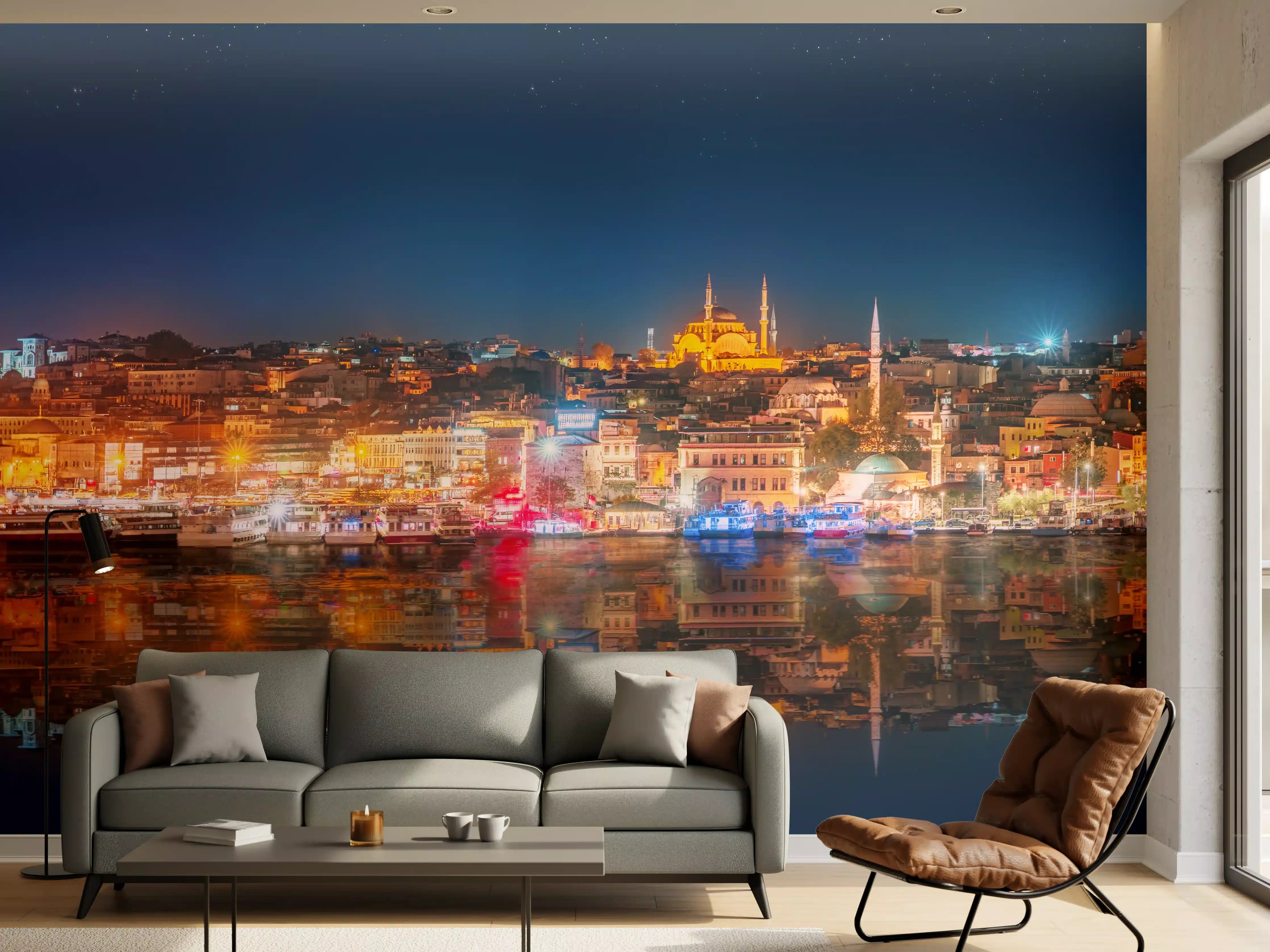 Wandverkleidung Wohnzimmer - Panorama von Istanbul & Bosporus bei Nacht