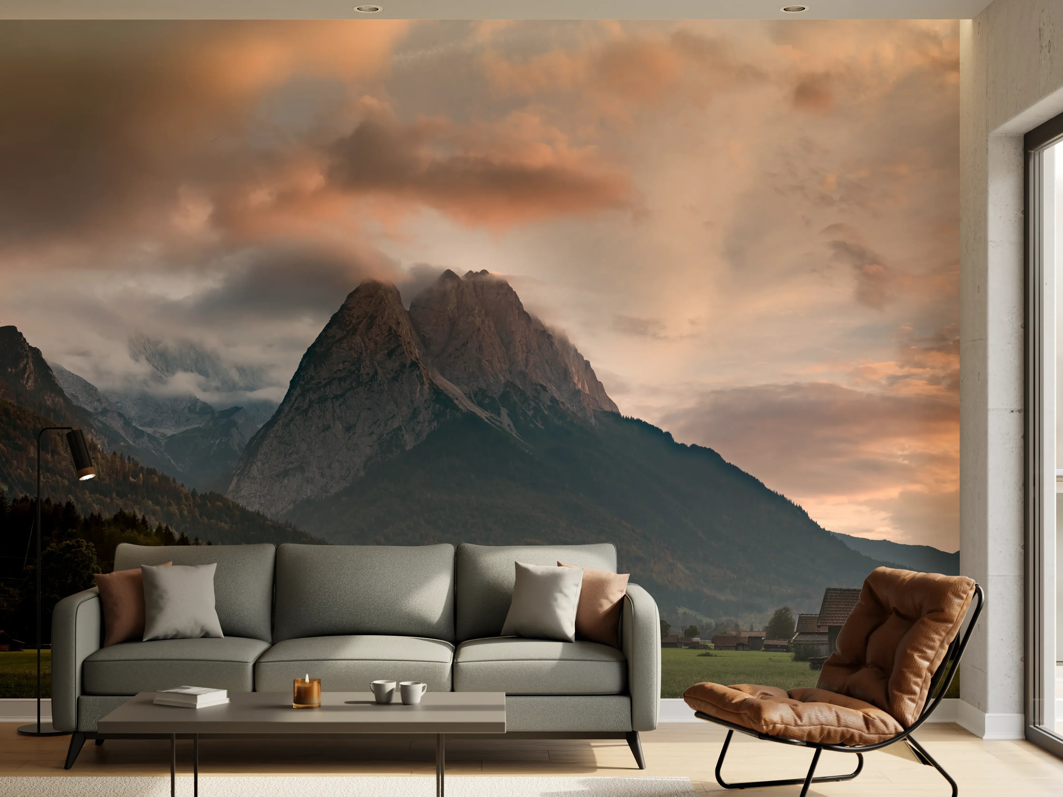 Wandverkleidung Wohnzimmer - Panorama von der wolkenverhangenen Zugspitze