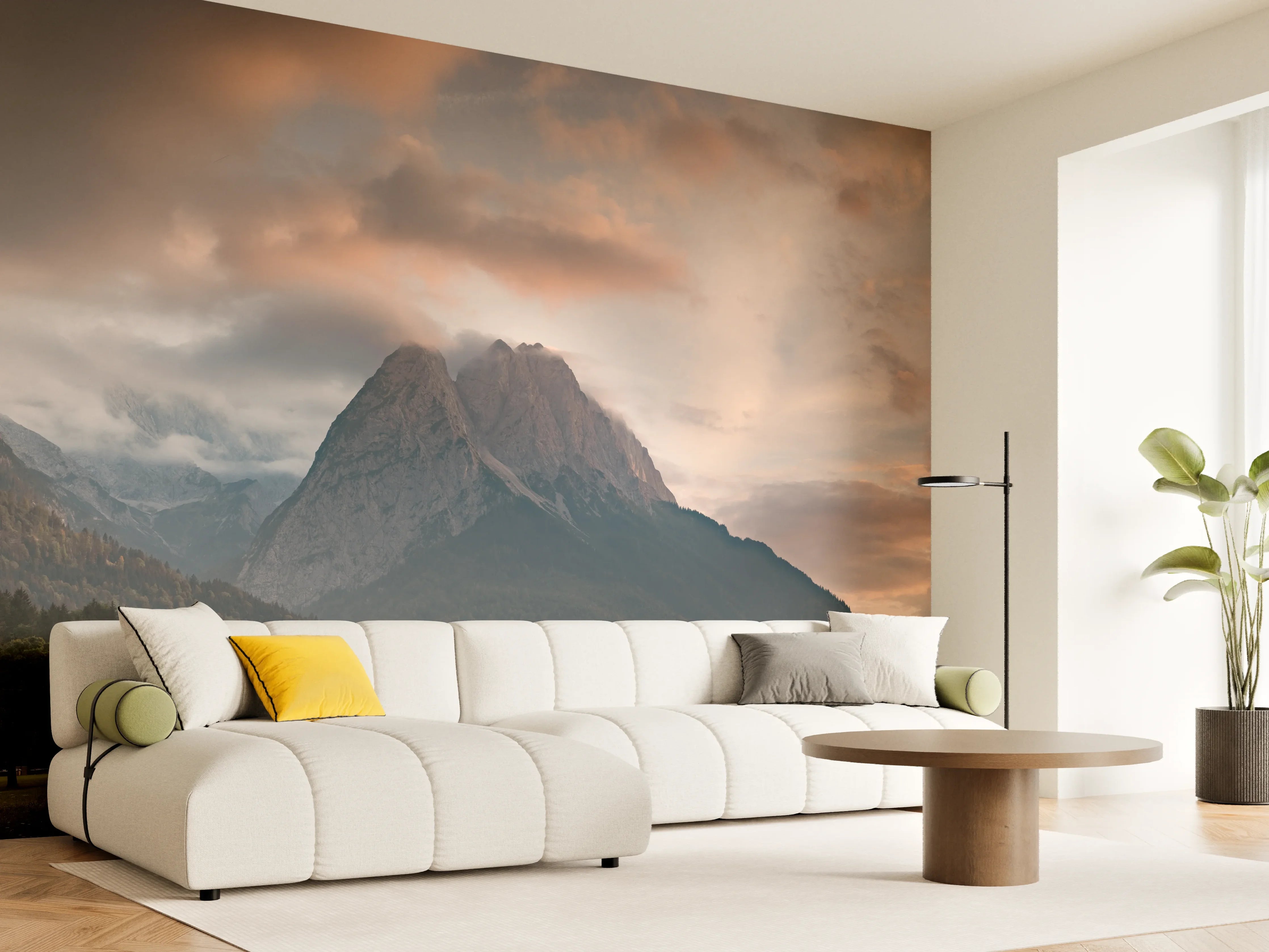 Wandverkleidung Wohnzimmer - Panorama von der wolkenverhangenen Zugspitze
