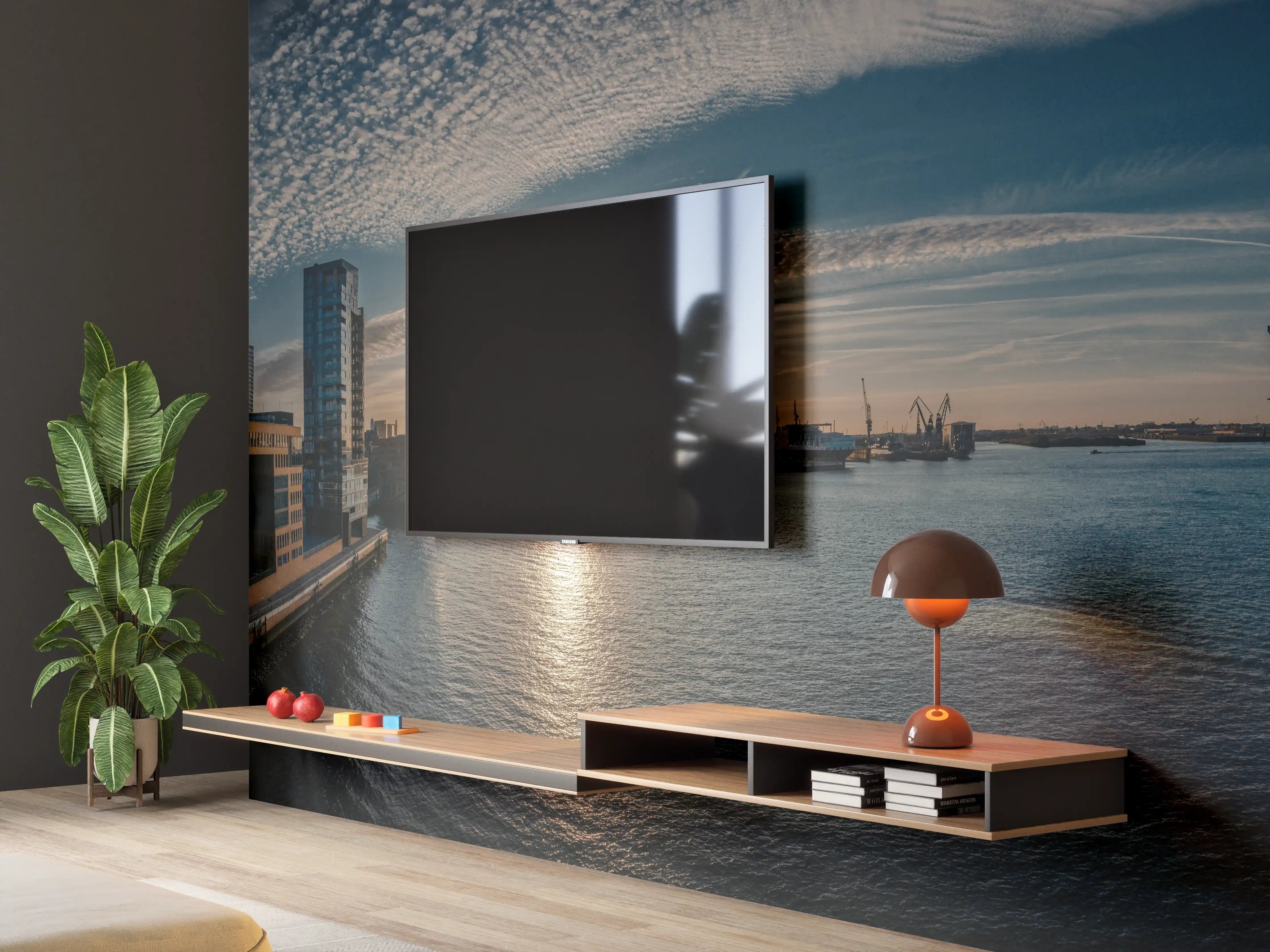 Wandverkleidung Wohnzimmer - Panoramablick Hamburg bei Sonnenuntergang