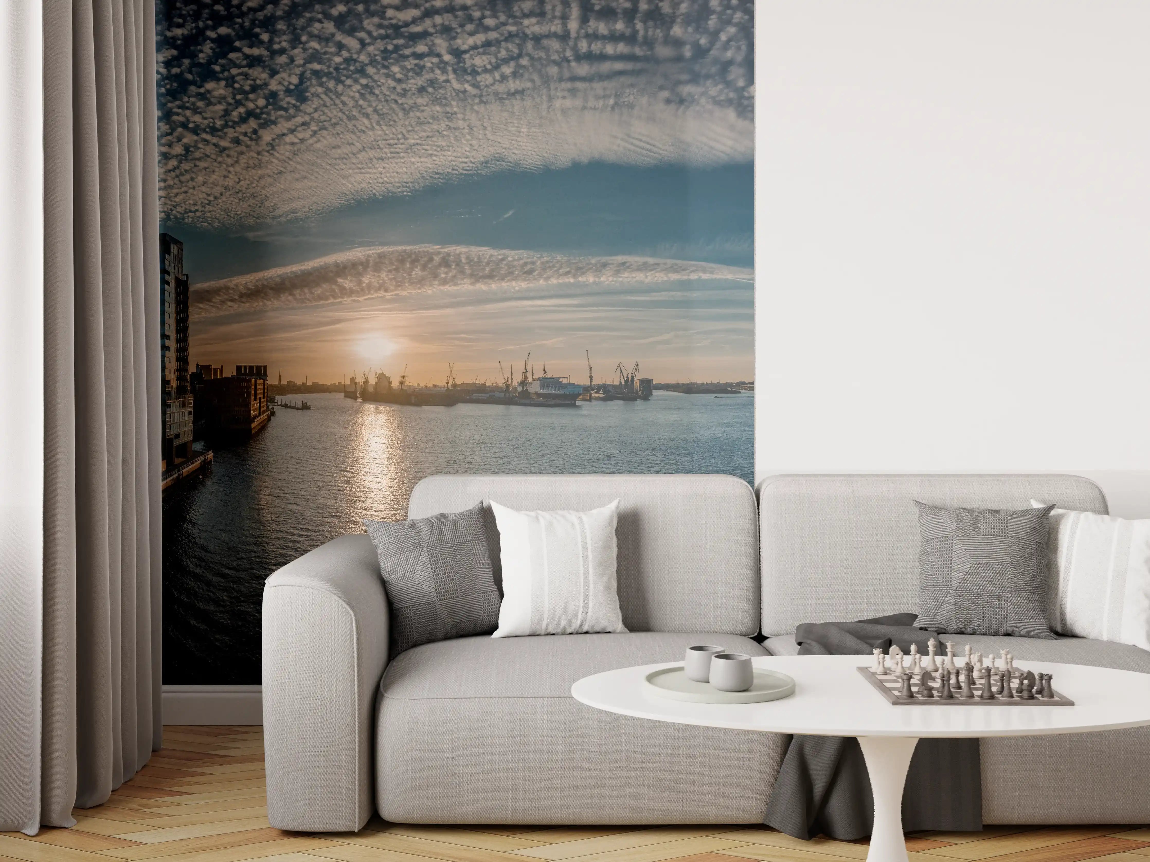 Wandverkleidung Wohnzimmer - Panoramablick Hamburg bei Sonnenuntergang
