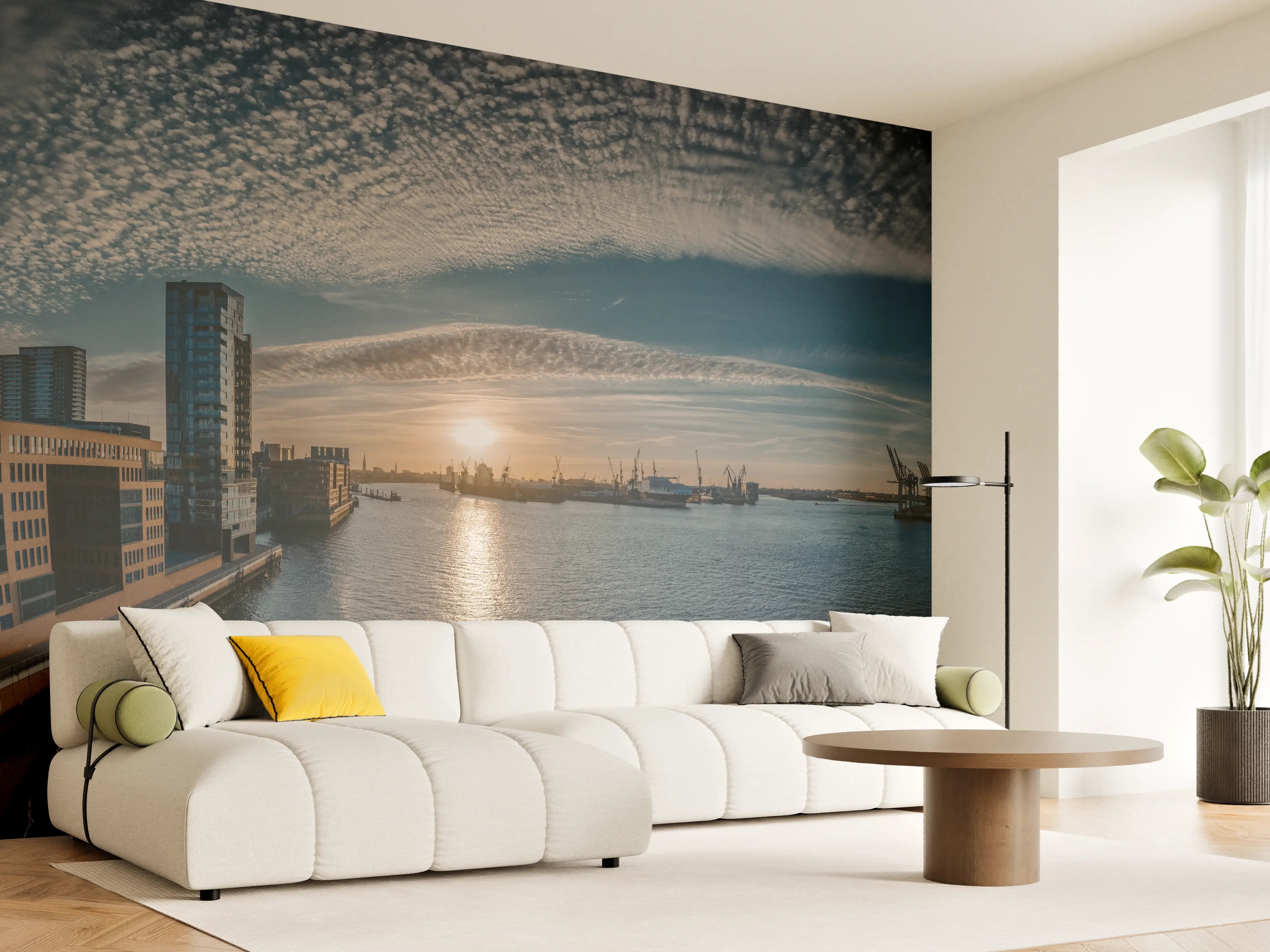Wandverkleidung Wohnzimmer - Panoramablick Hamburg bei Sonnenuntergang