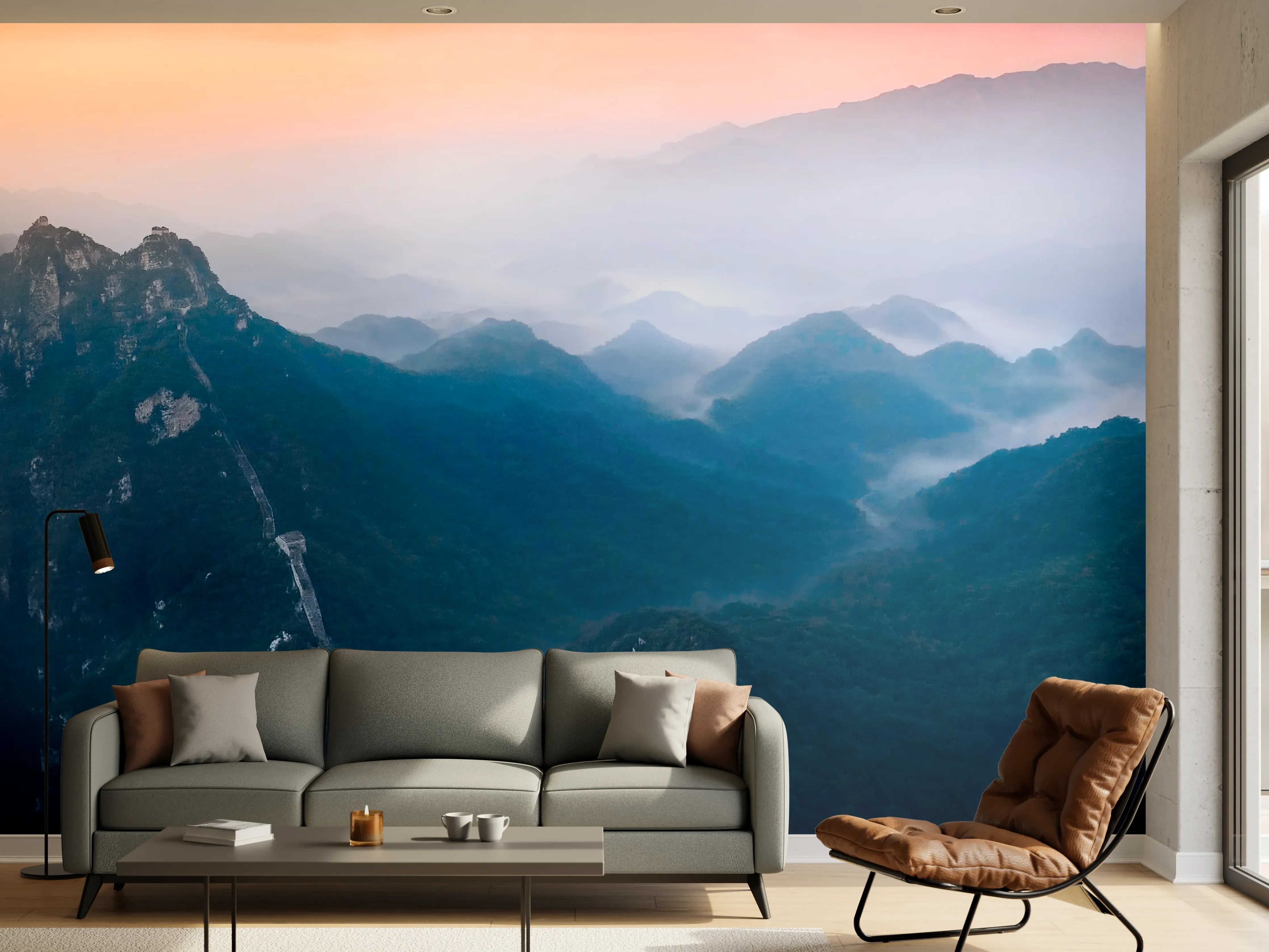Wandverkleidung Wohnzimmer - Panoramablick auf Berge