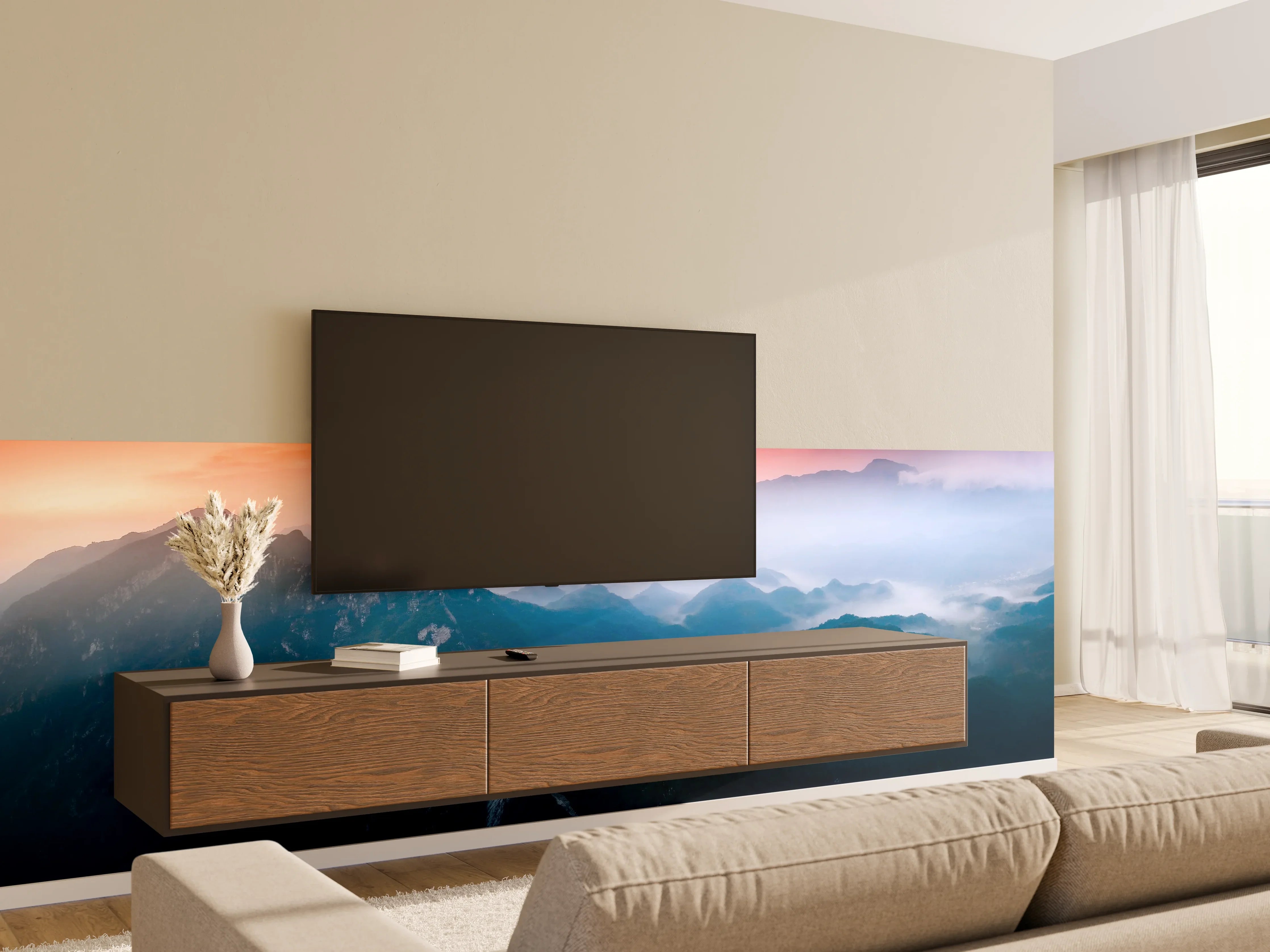 Wandverkleidung Wohnzimmer - Panoramablick auf Berge