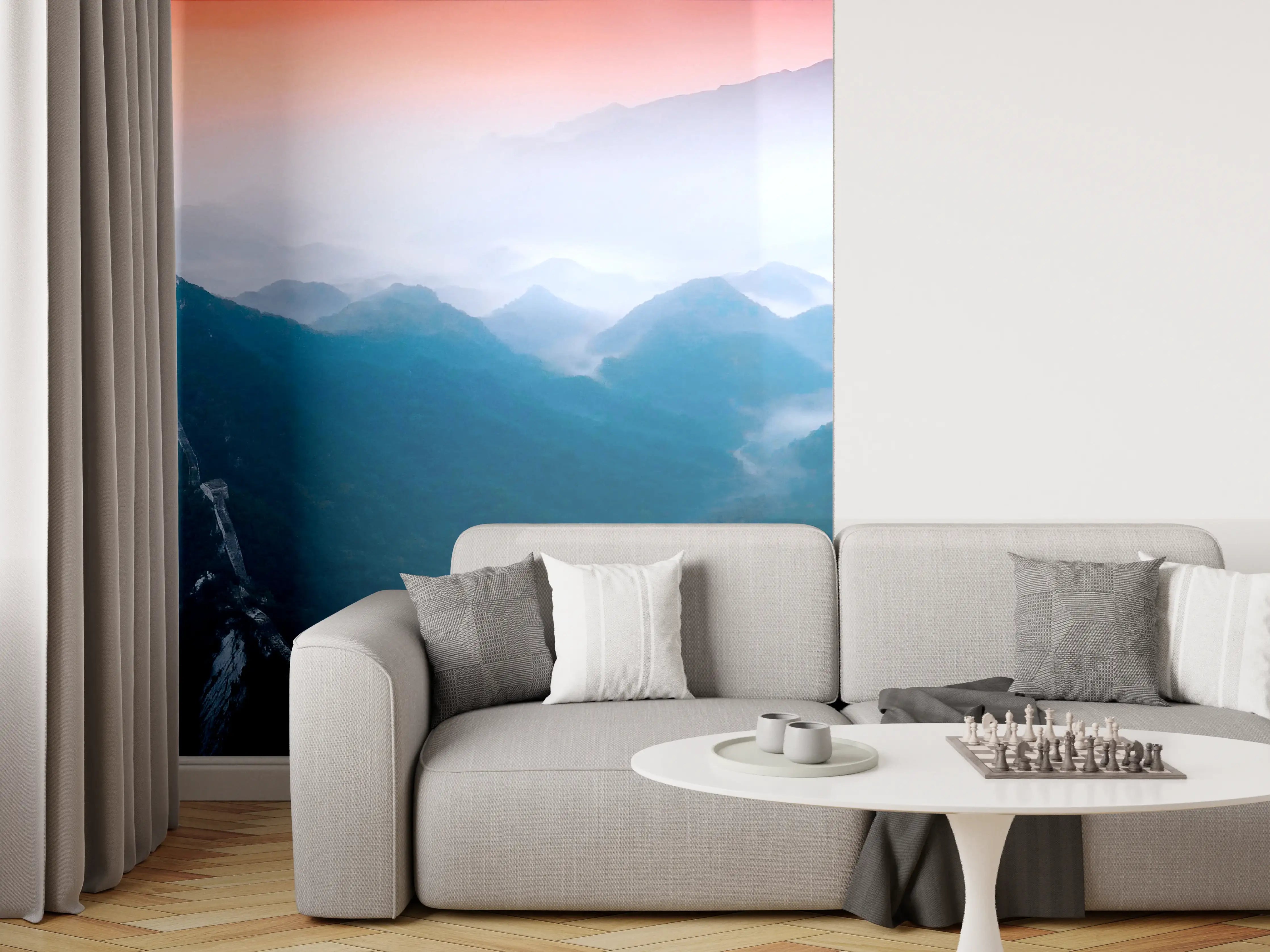 Wandverkleidung Wohnzimmer - Panoramablick auf Berge