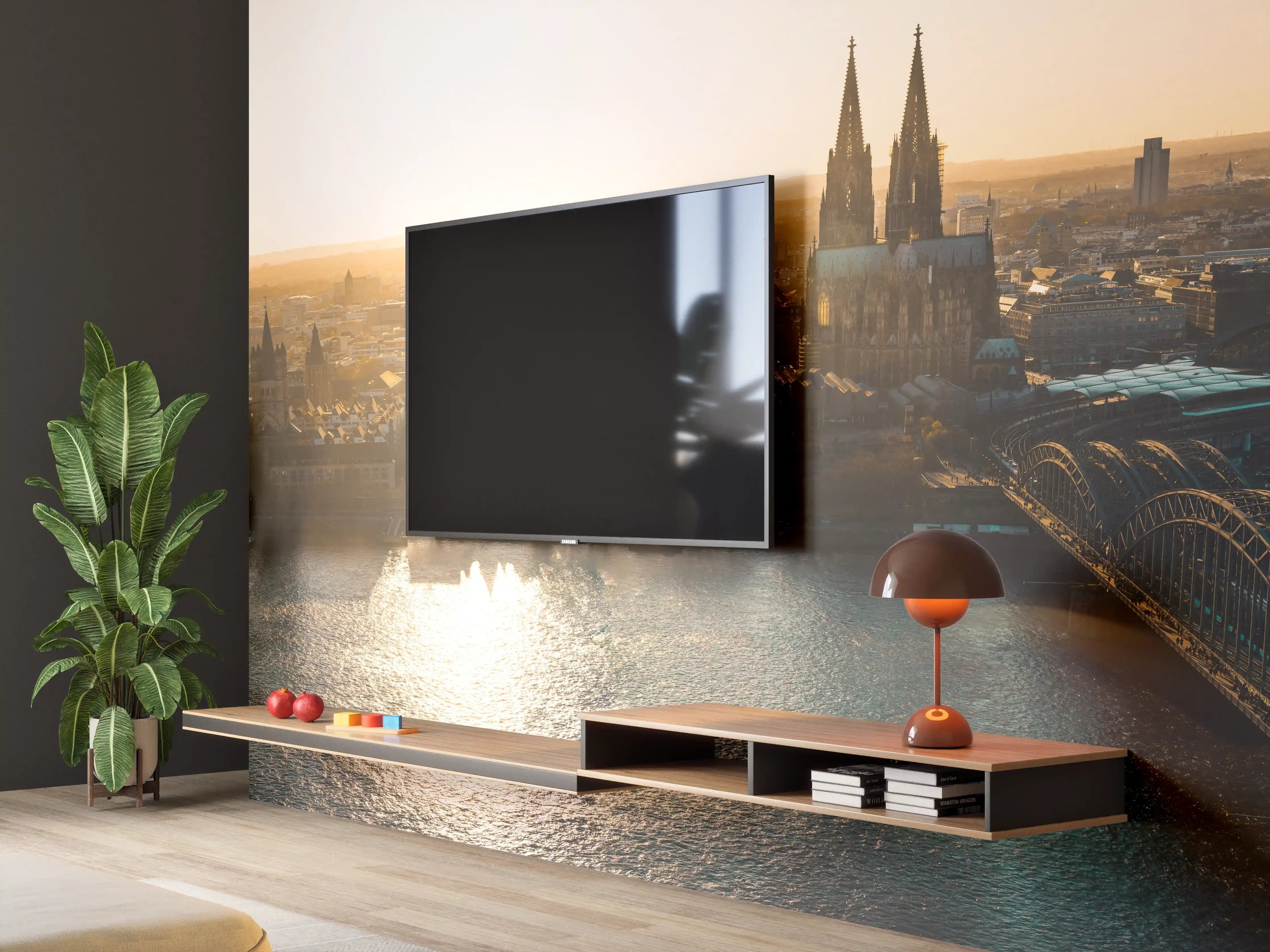 Wandverkleidung Wohnzimmer - Panoramablick auf Köln bei Sonnenaufgang