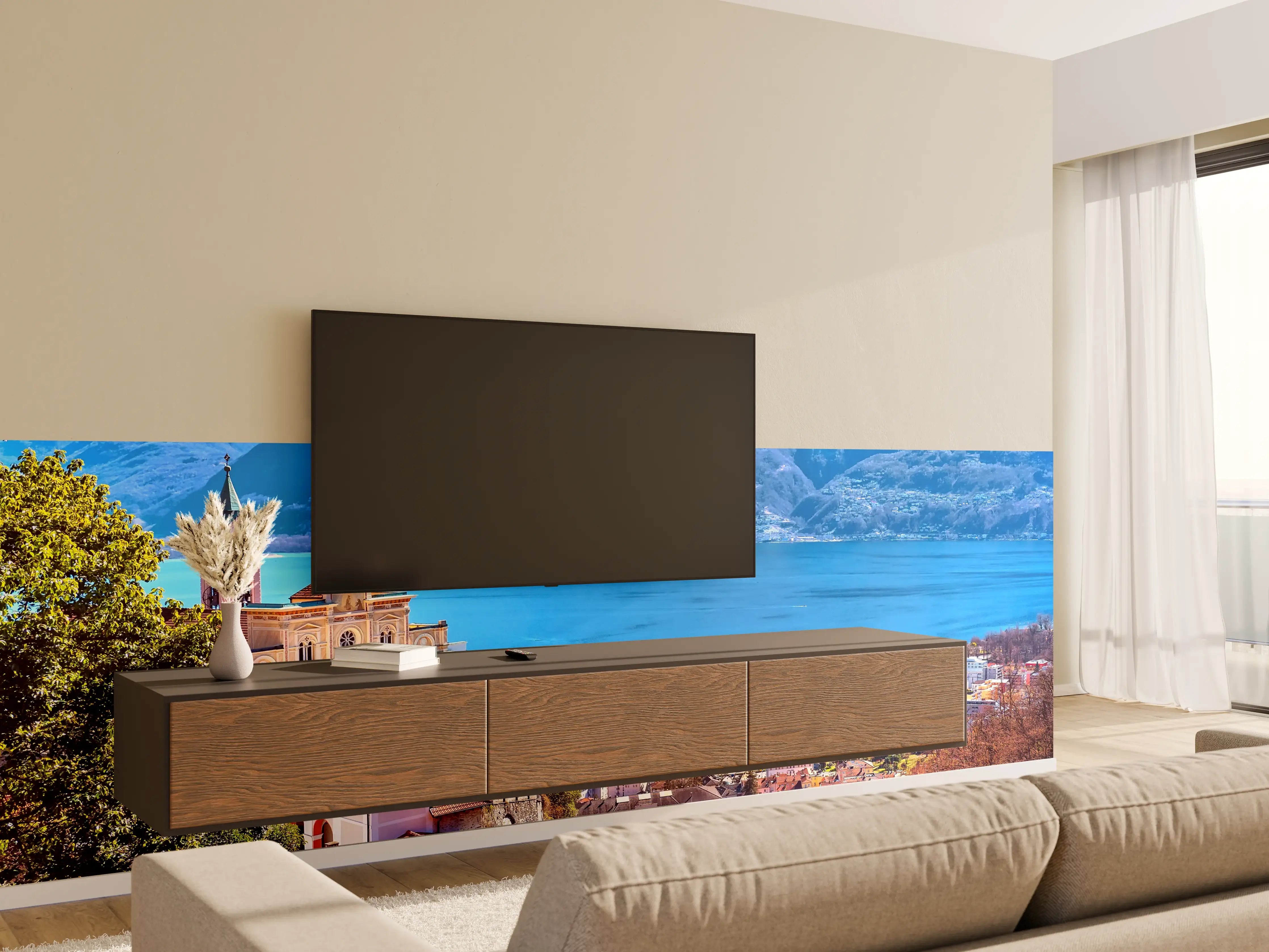 Wandverkleidung Wohnzimmer - Panoramablick auf den schönen Ort am See