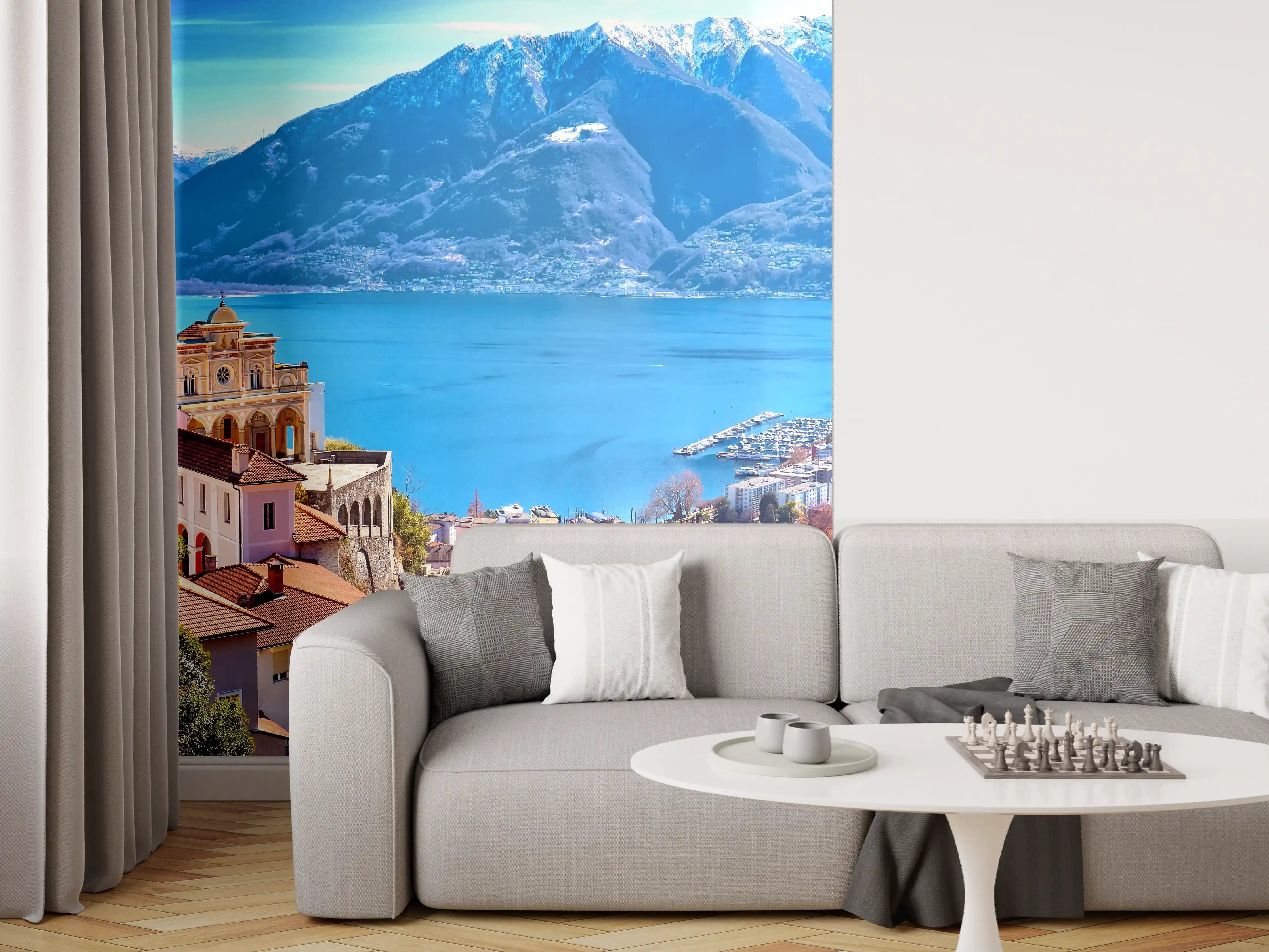 Wandverkleidung Wohnzimmer - Panoramablick auf den schönen Ort am See