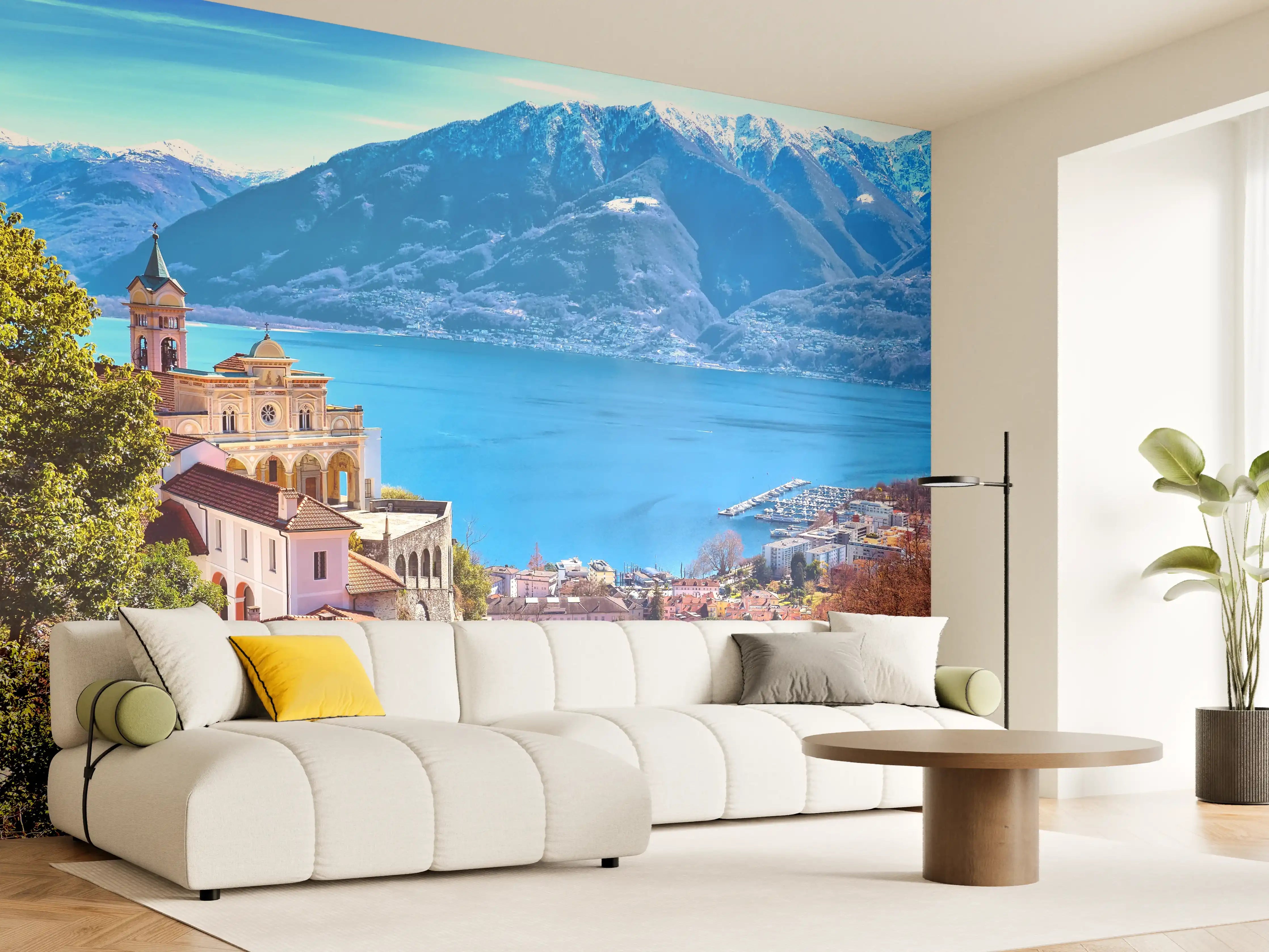 Wandverkleidung Wohnzimmer - Panoramablick auf den schönen Ort am See