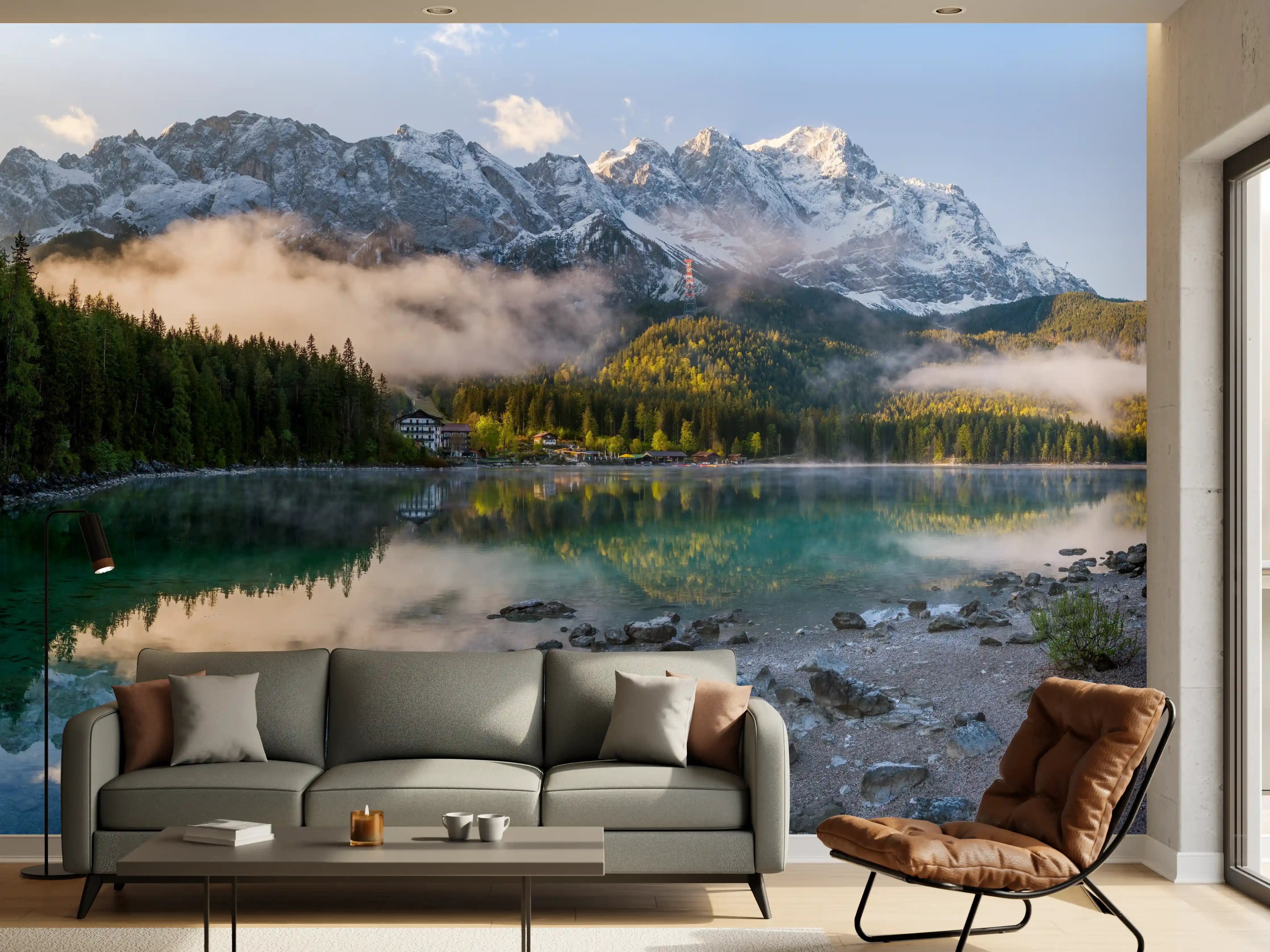 Wandverkleidung Wohnzimmer - Panoramablick auf die Zugspitze