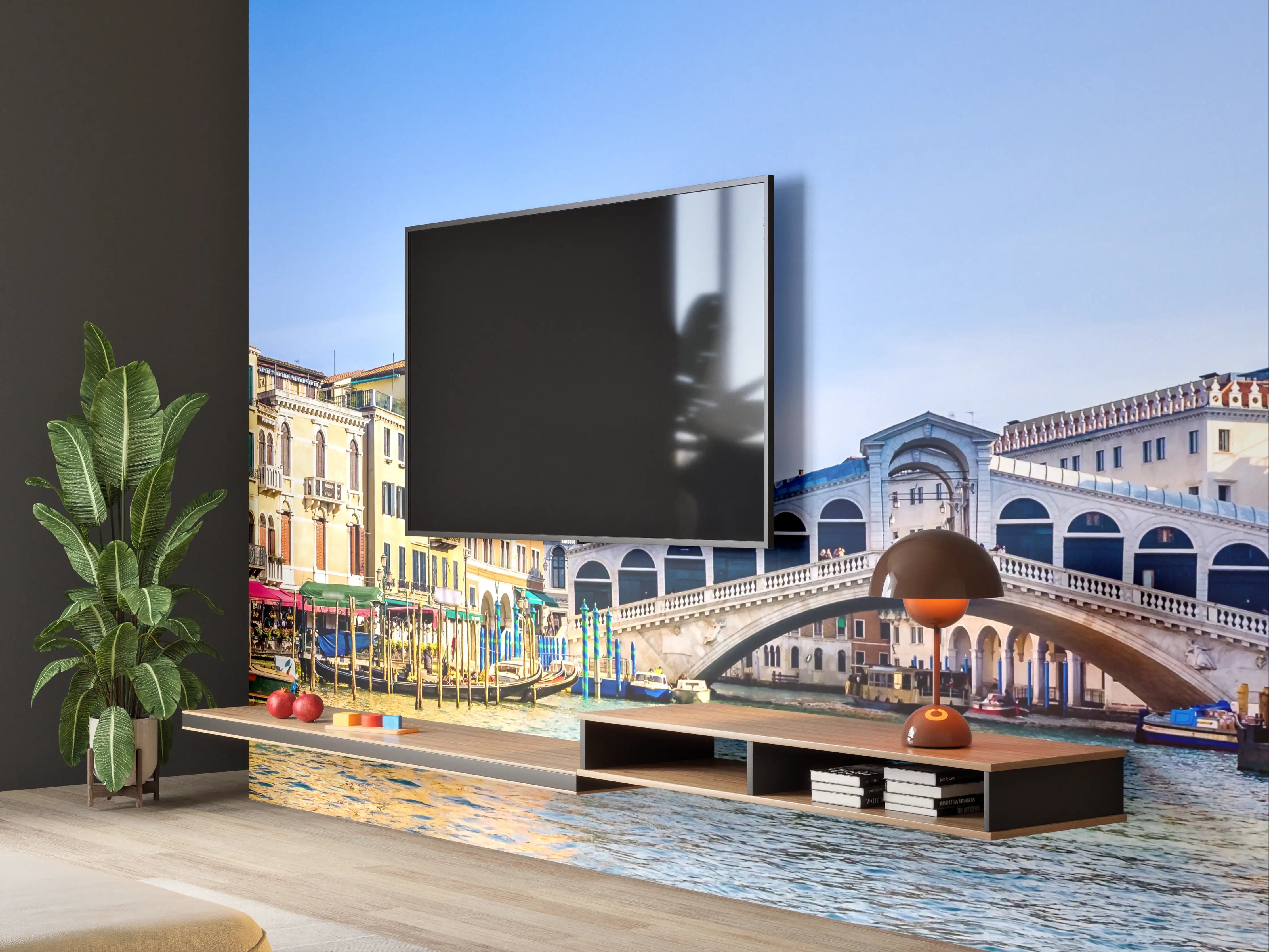 Wandverkleidung Wohnzimmer - Panoramablick auf eine bunte Stadt am Wasser bei Sonnenschein