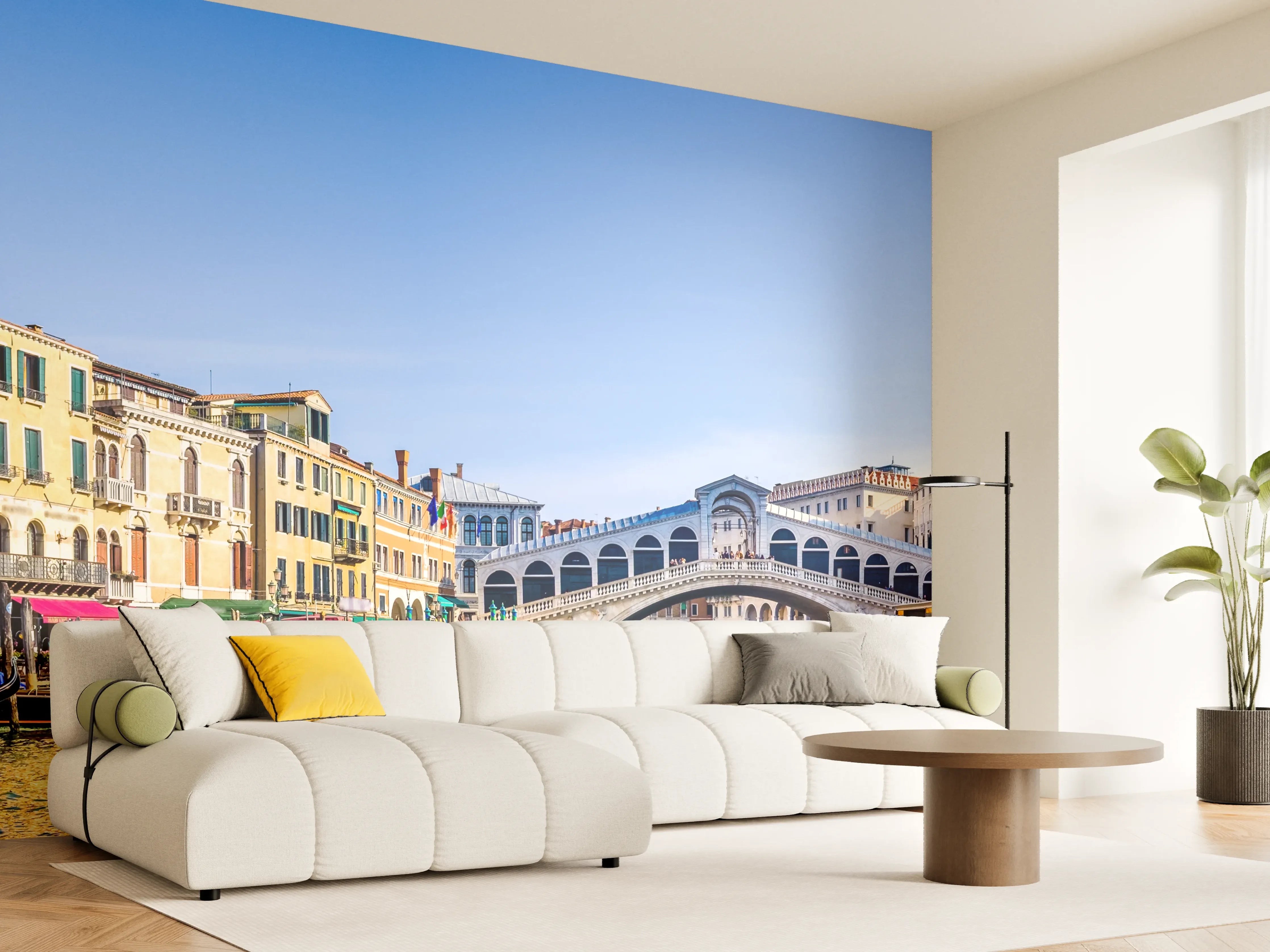 Wandverkleidung Wohnzimmer - Panoramablick auf eine bunte Stadt am Wasser bei Sonnenschein