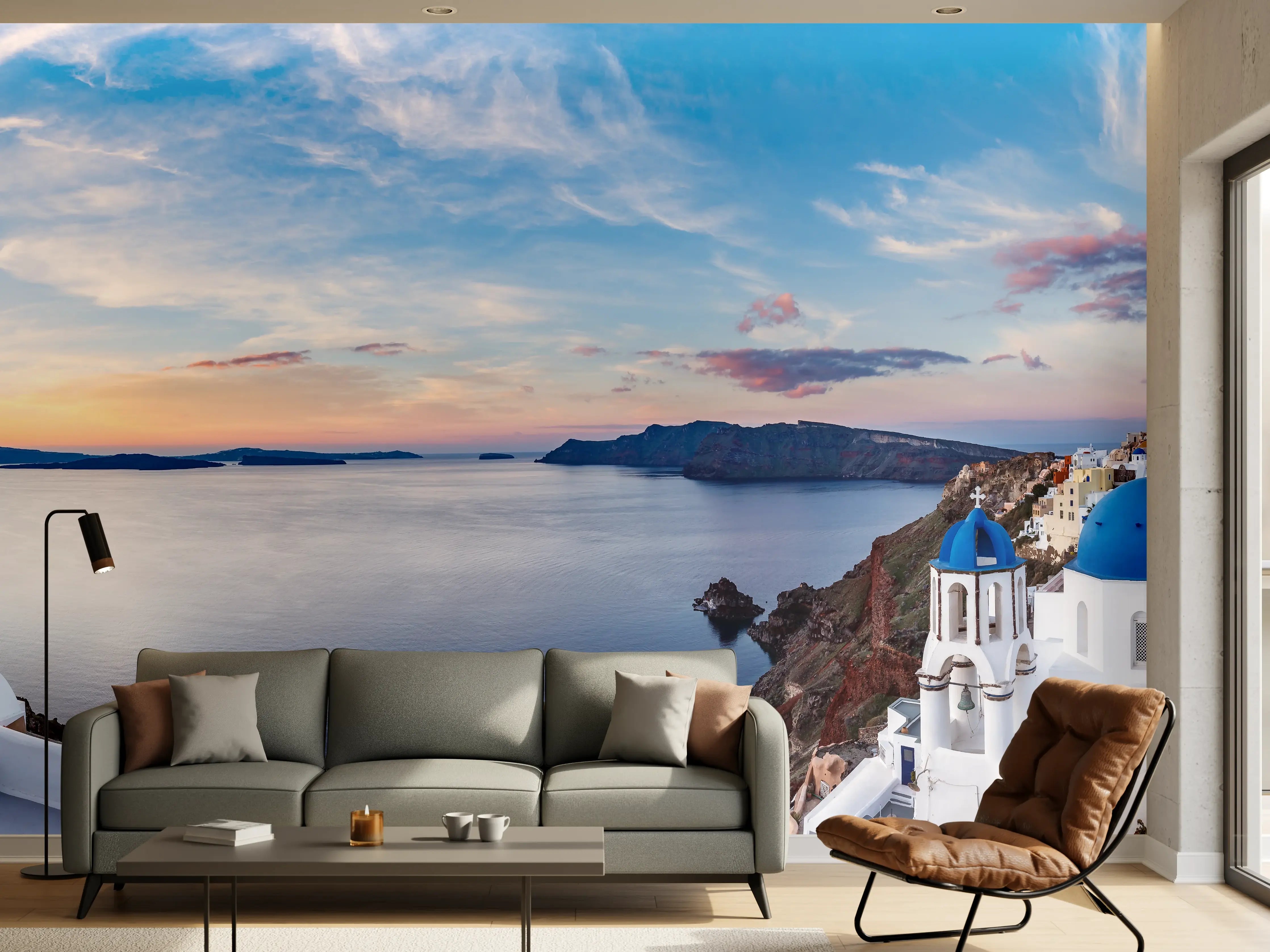 Wandverkleidung Wohnzimmer - Panoramablick der Insel Santorin - Griechenland