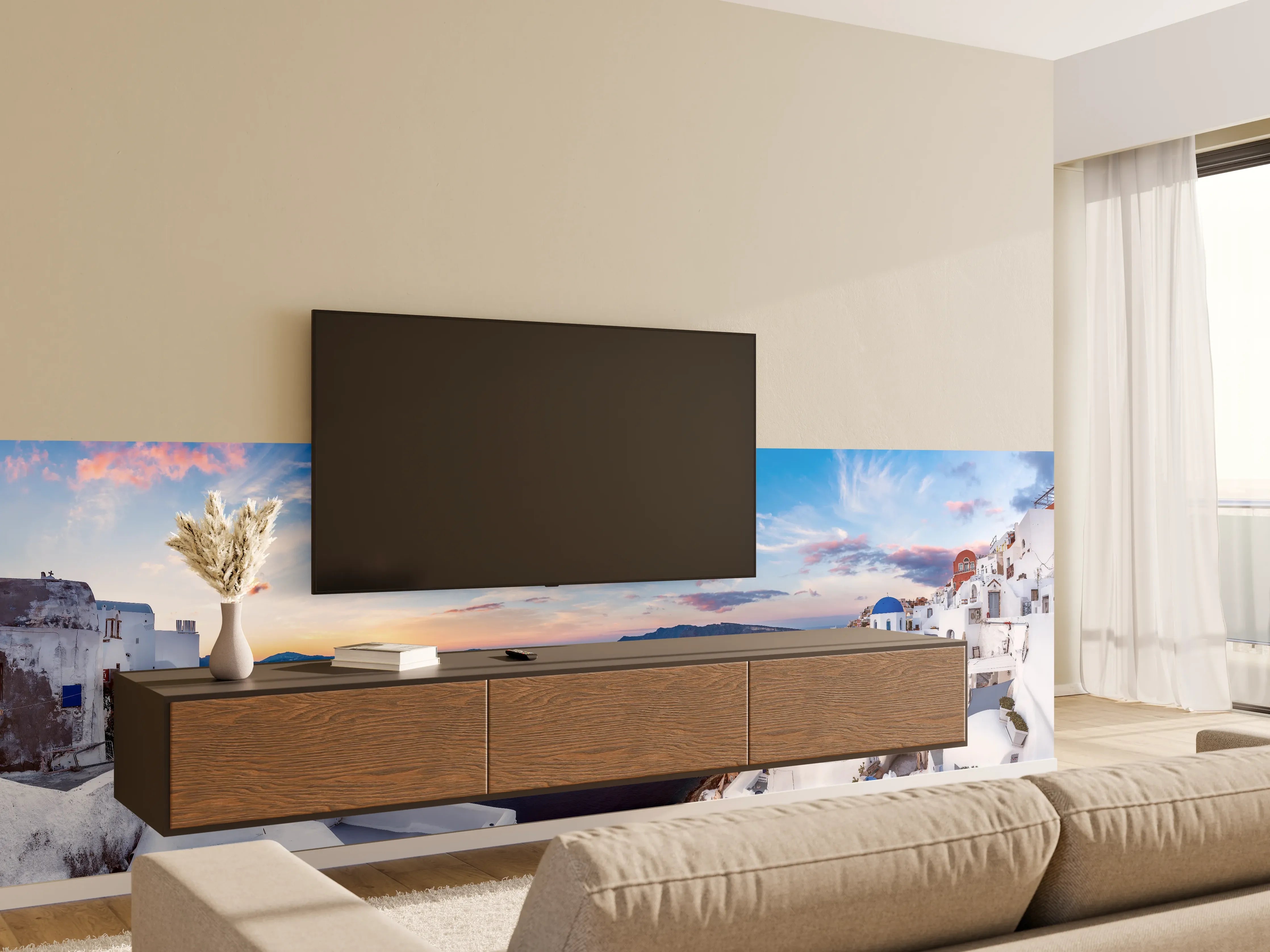 Wandverkleidung Wohnzimmer - Panoramablick der Insel Santorin - Griechenland