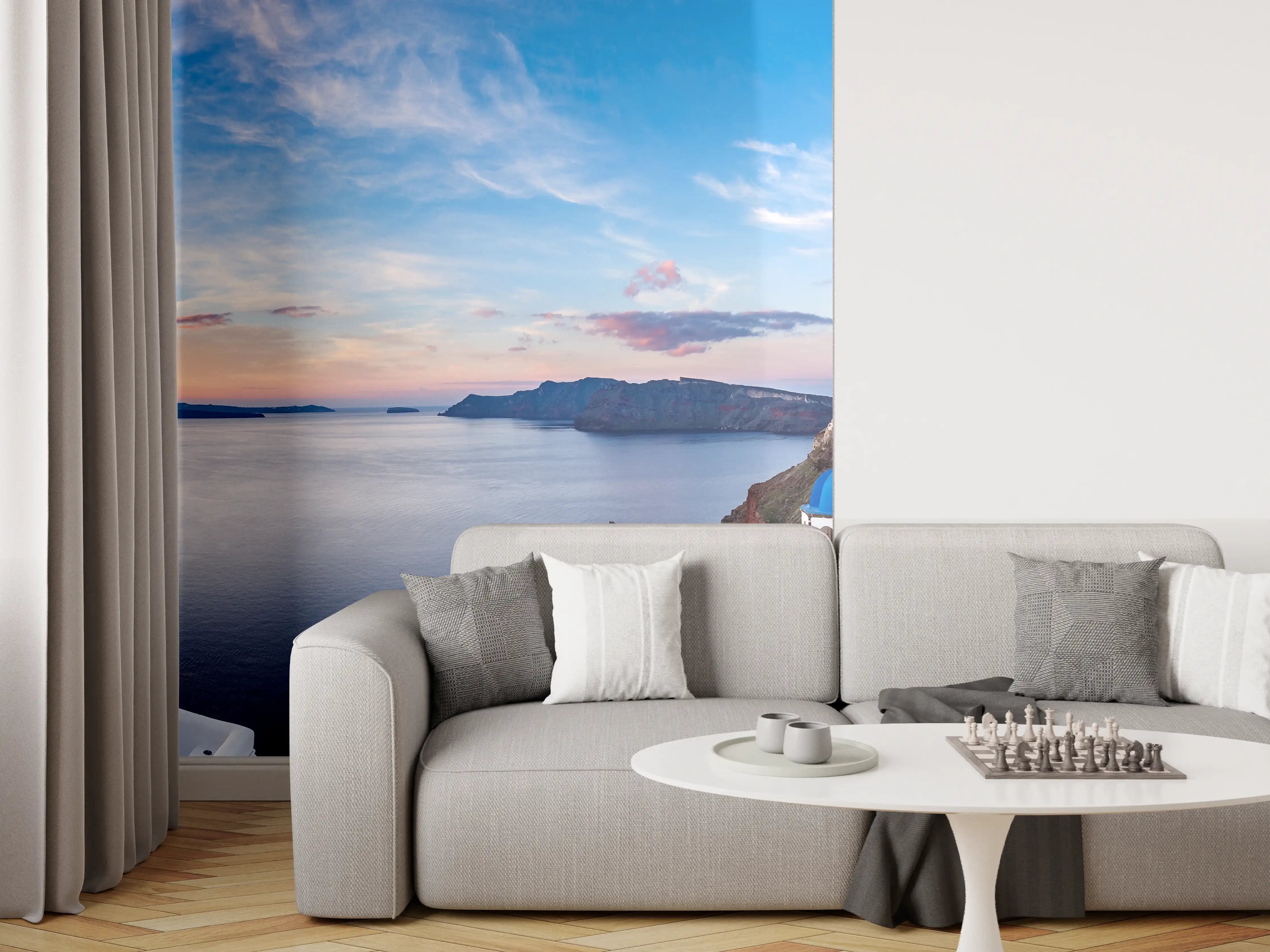 Wandverkleidung Wohnzimmer - Panoramablick der Insel Santorin - Griechenland