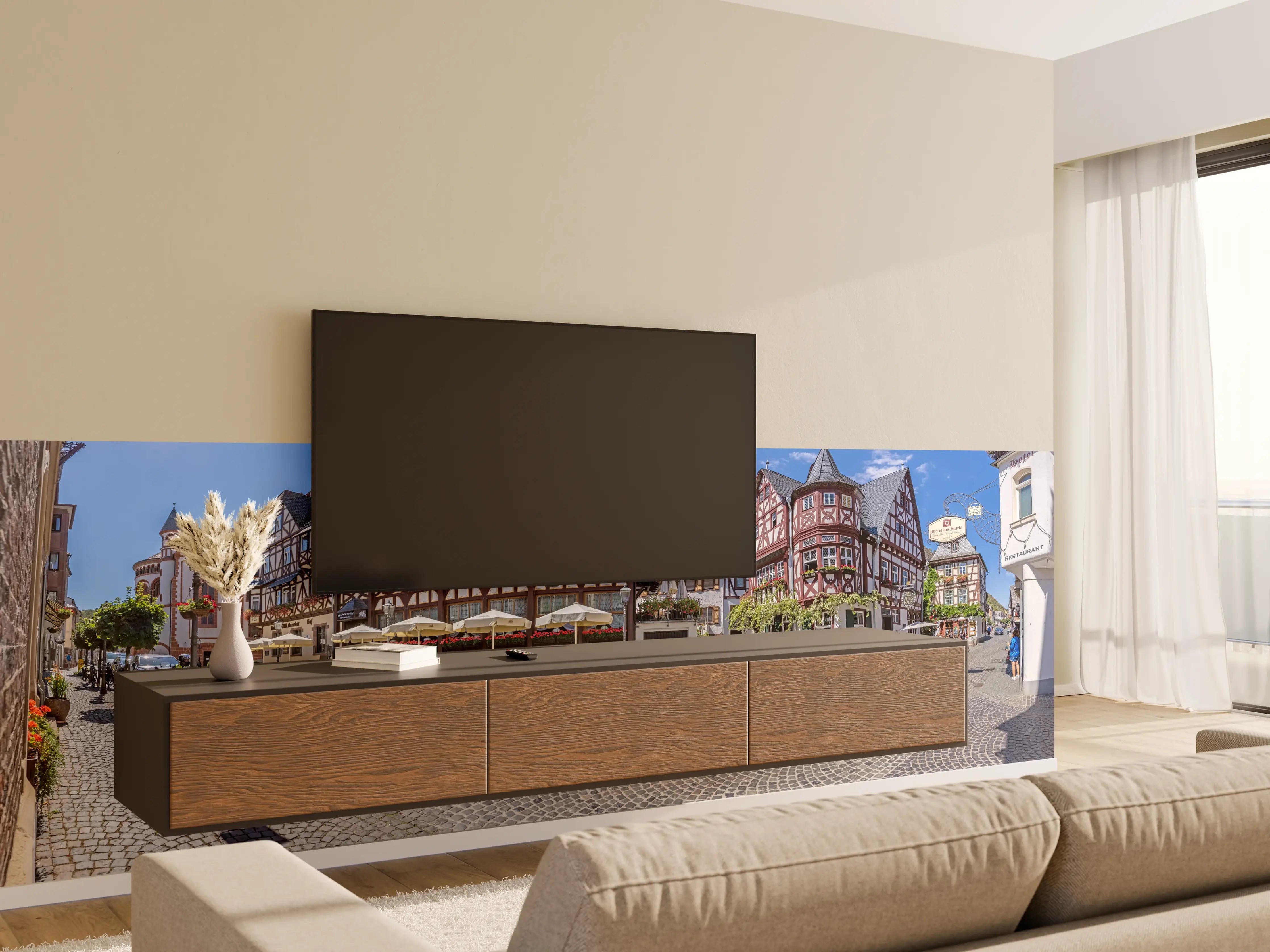 Wandverkleidung Wohnzimmer - Panoramablick über Bacharach