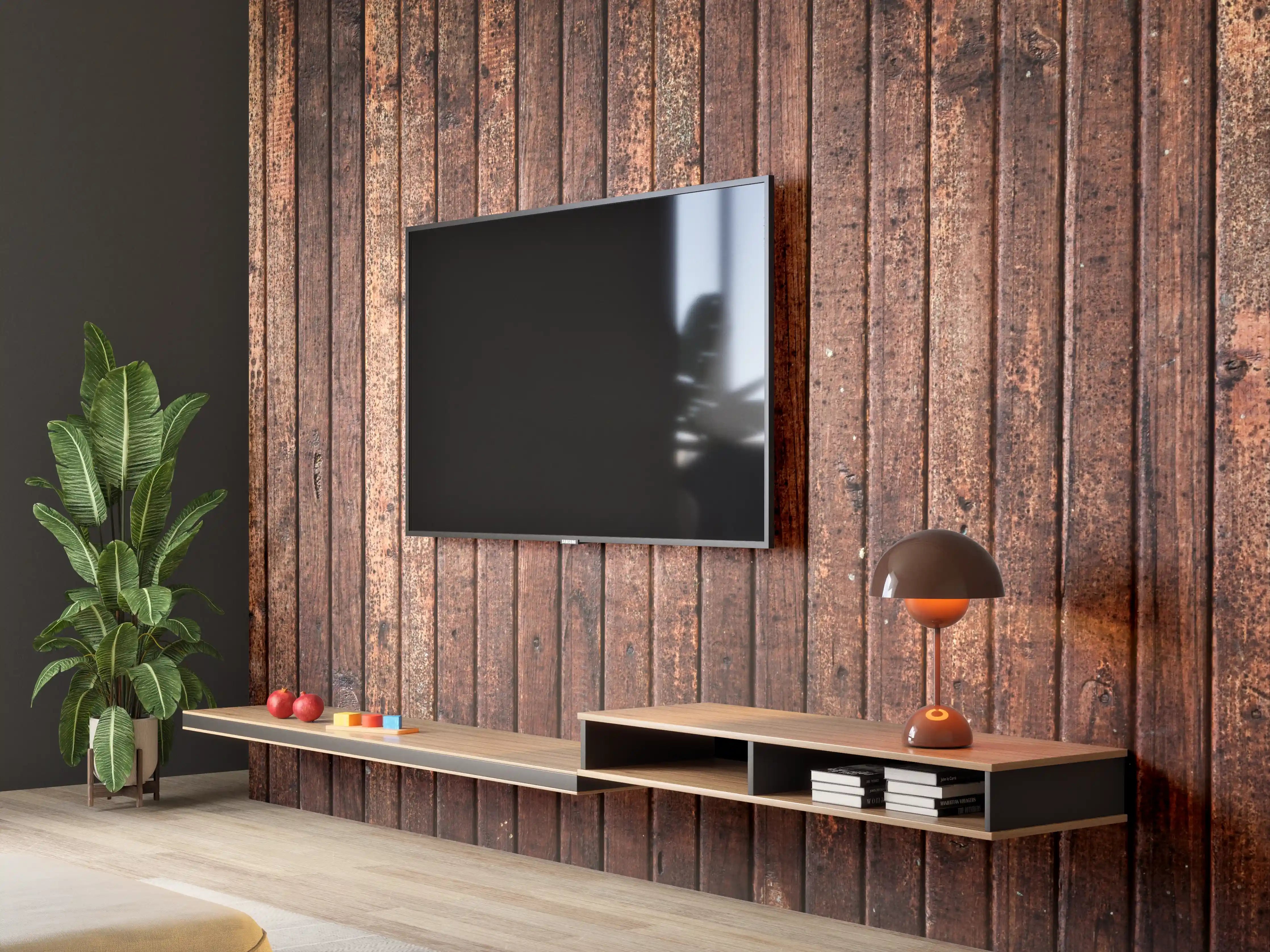 Wandverkleidung Wohnzimmer - Panoramahintergrund aus vertikalen schmalen Holzplatten