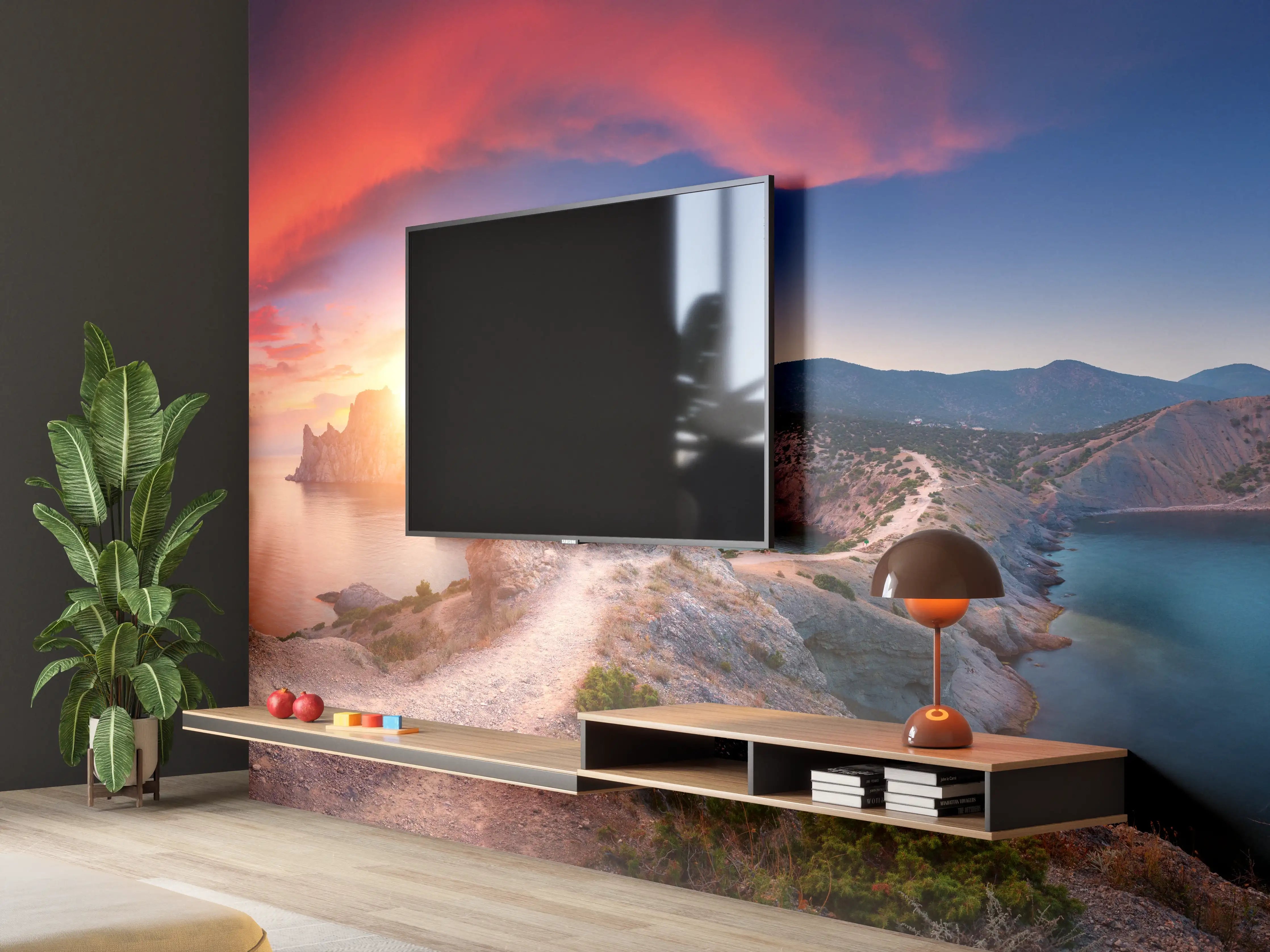 Wandverkleidung Wohnzimmer - Panoramalandschaft mit Bergen