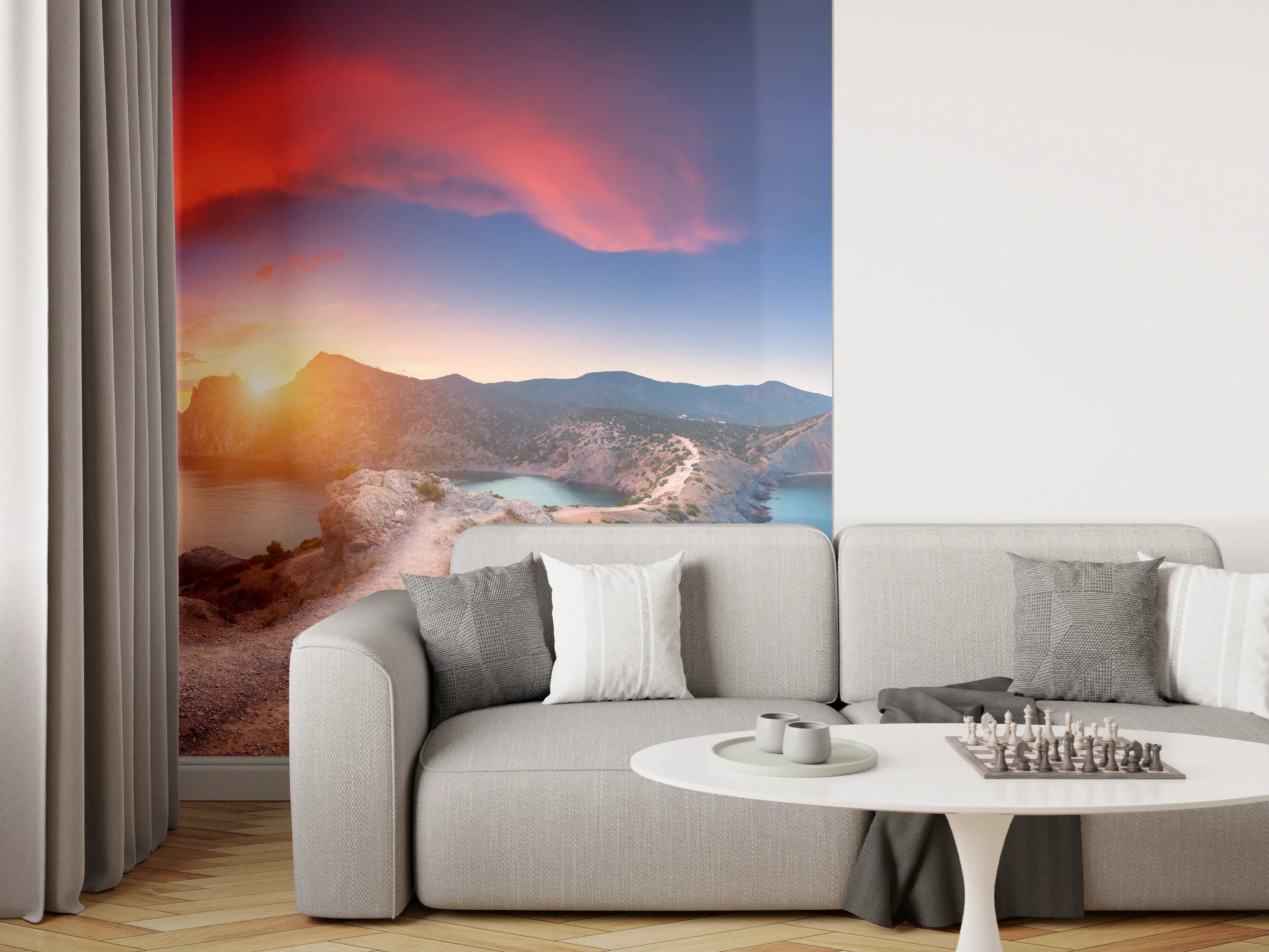 Wandverkleidung Wohnzimmer - Panoramalandschaft mit Bergen
