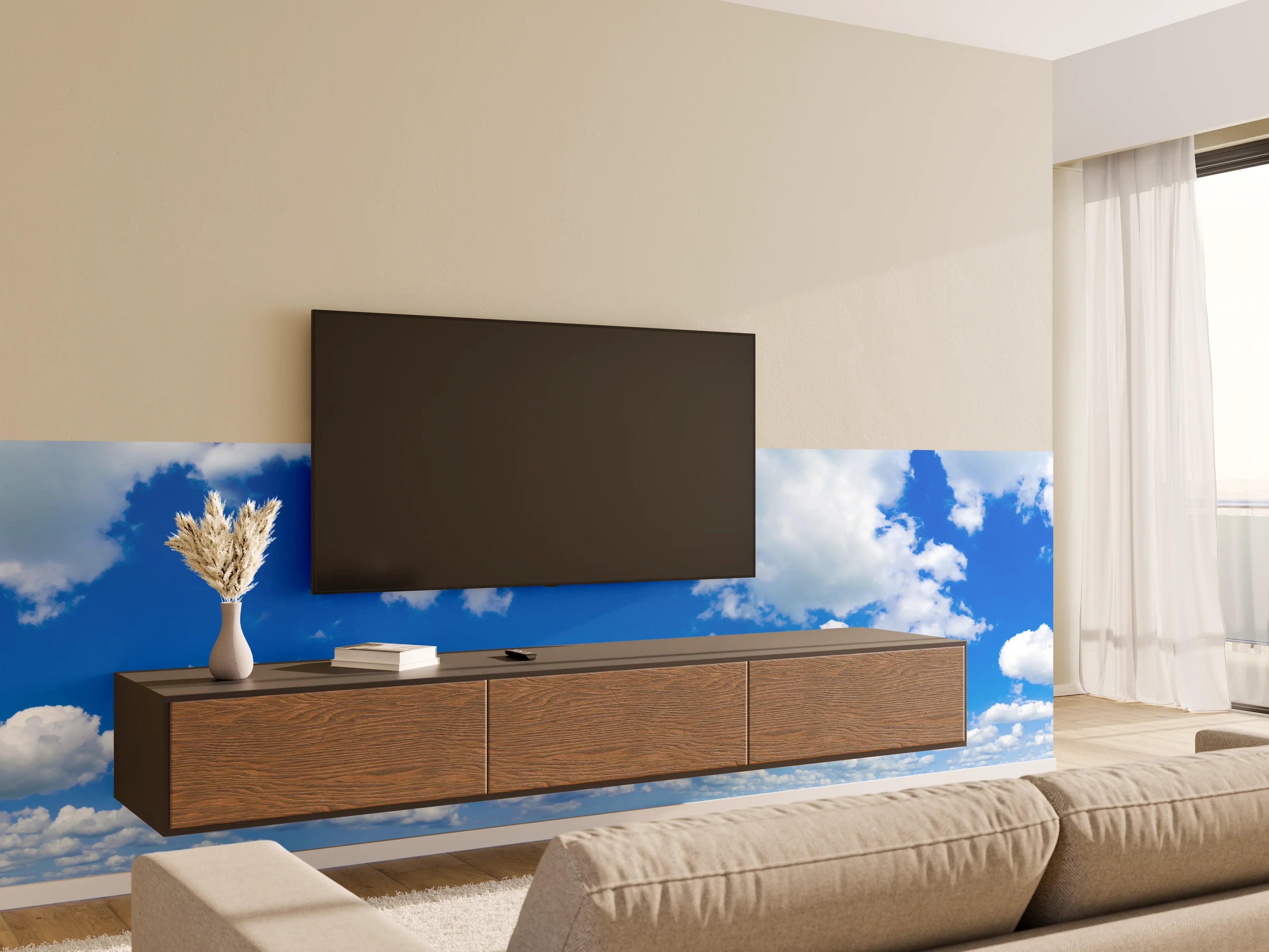 Wandverkleidung Wohnzimmer - Panoramischer Himmel mit Wolken