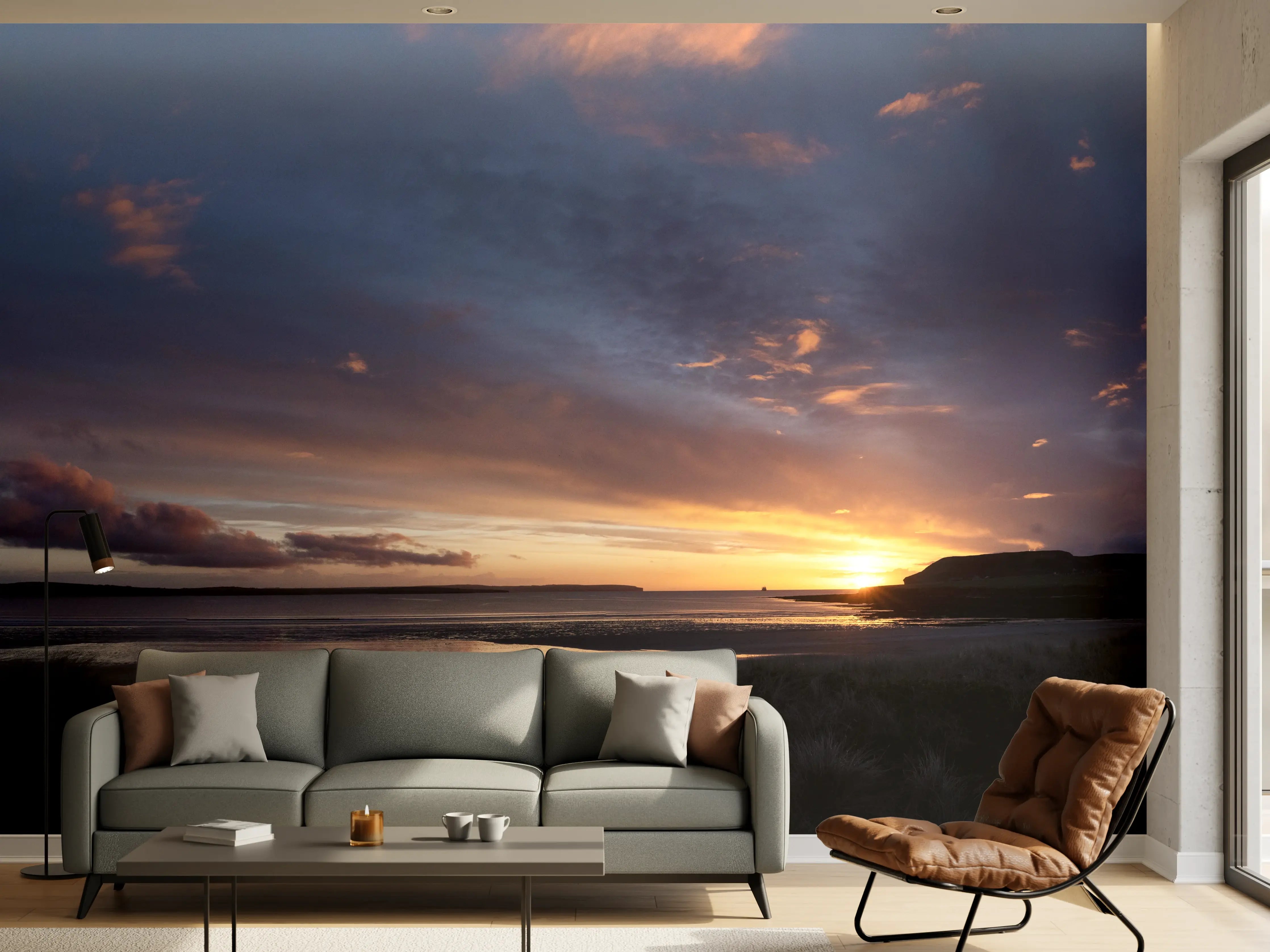 Wandverkleidung Wohnzimmer - Panoramischer Sonnenuntergang über ruhigem Wasser