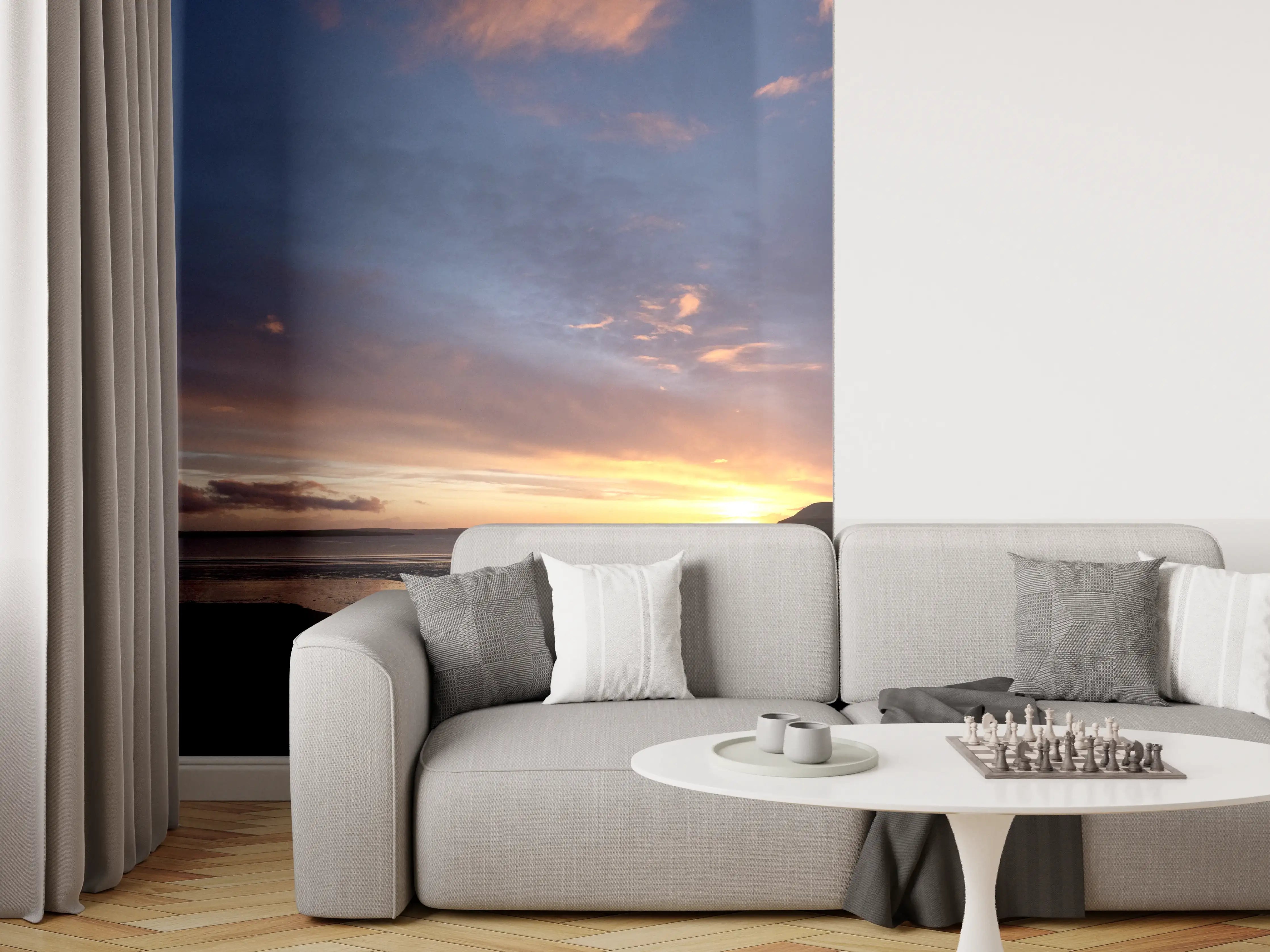 Wandverkleidung Wohnzimmer - Panoramischer Sonnenuntergang über ruhigem Wasser