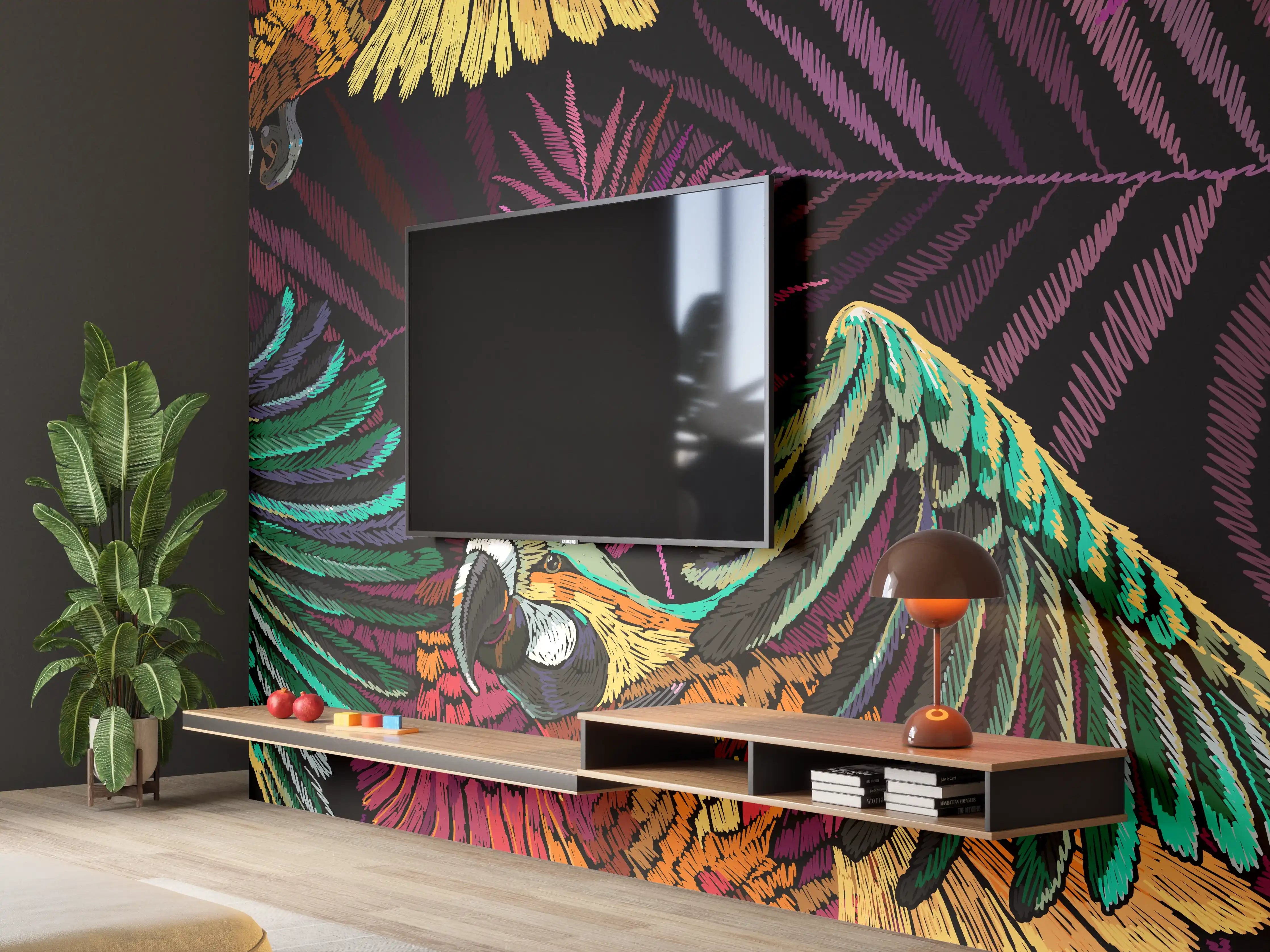 Wandverkleidung Wohnzimmer - Papagaien - Stickmuster