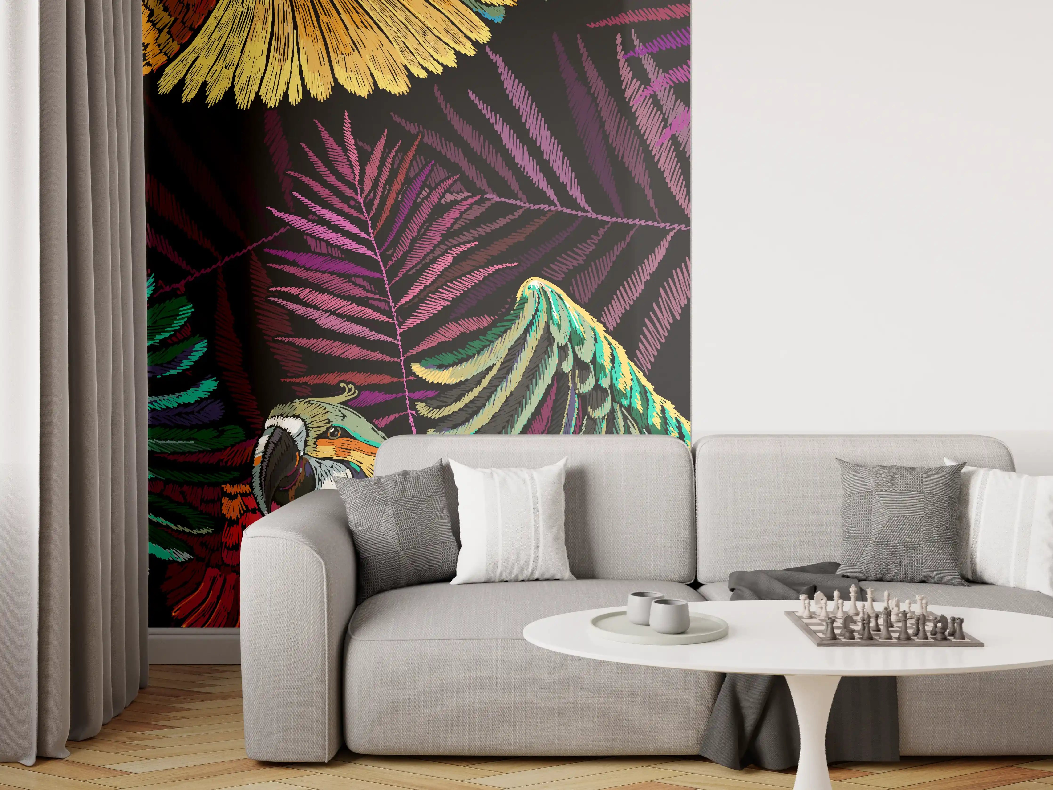 Wandverkleidung Wohnzimmer - Papagaien - Stickmuster