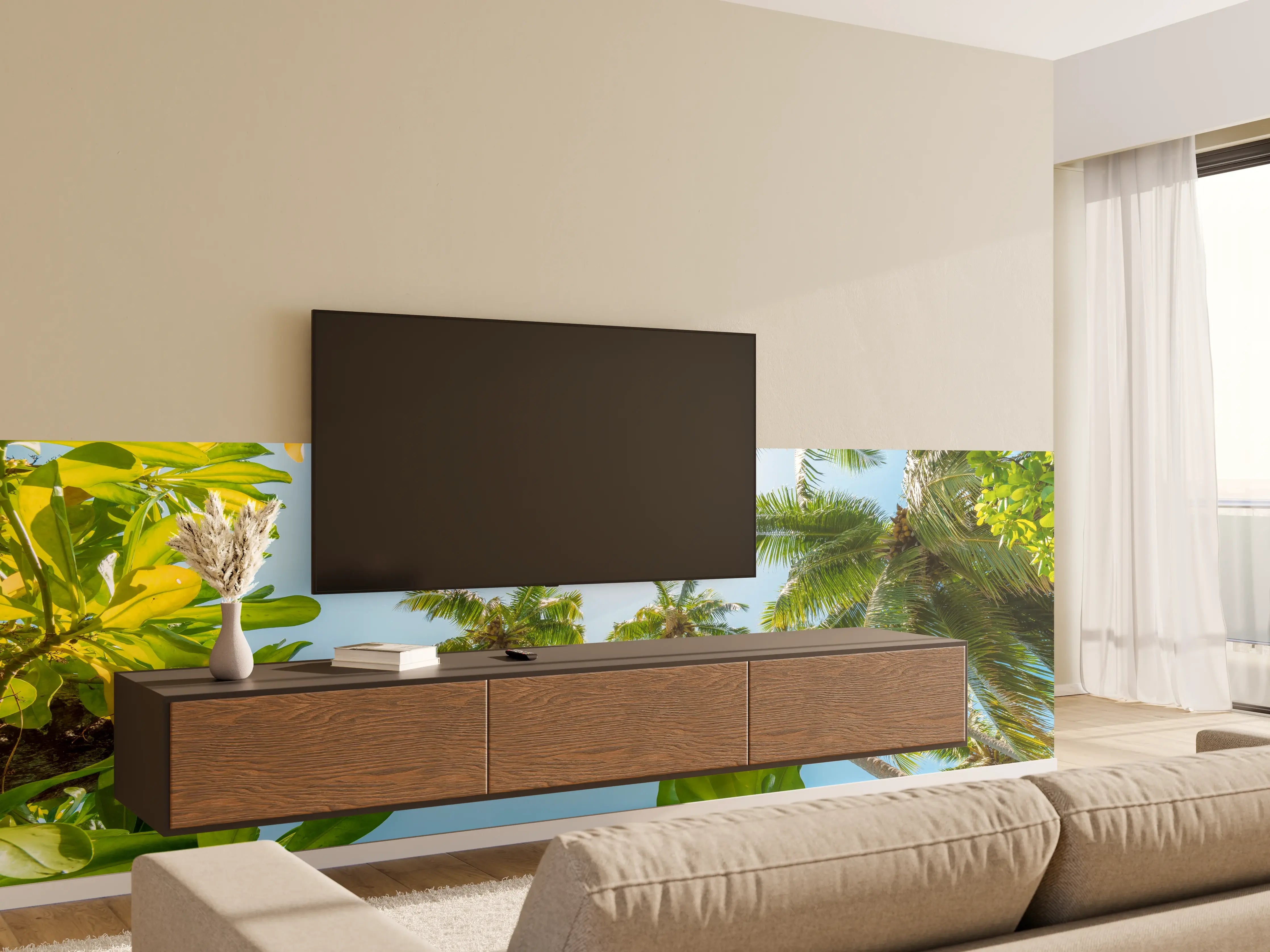 Wandverkleidung Wohnzimmer - Paradiesische Baumlandschaft im Sonnenlicht