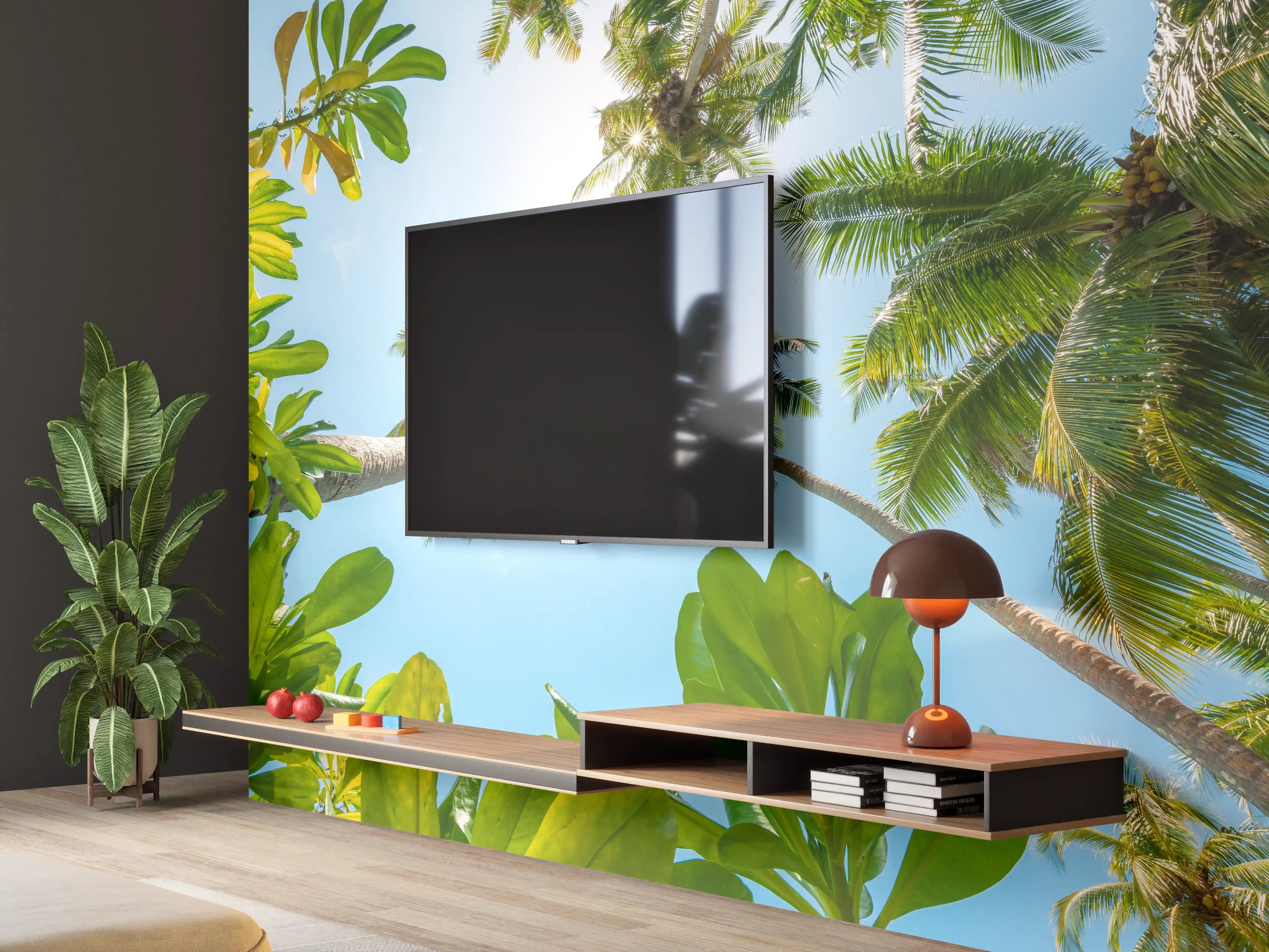 Wandverkleidung Wohnzimmer - Paradiesische Baumlandschaft im Sonnenlicht