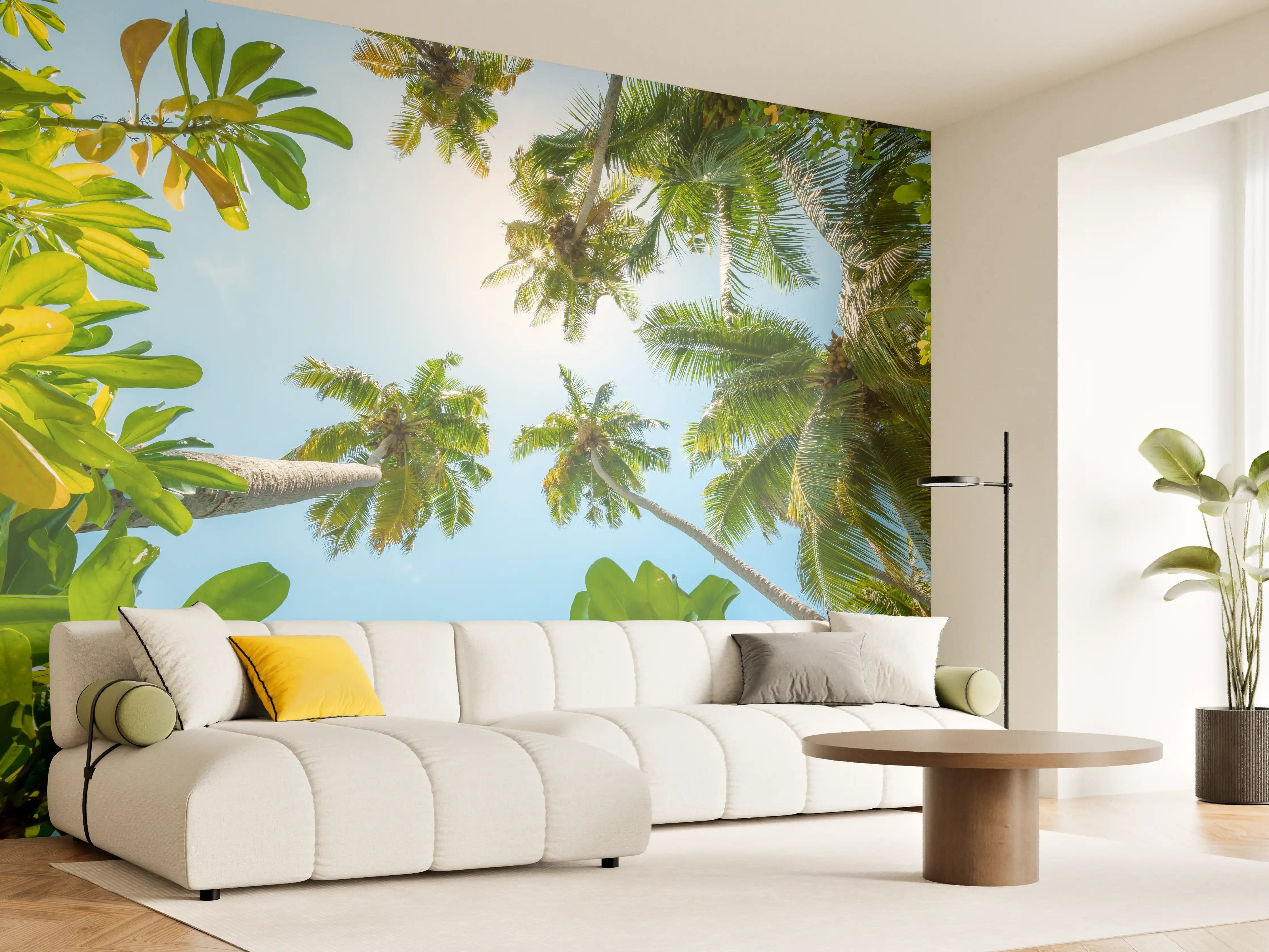 Wandverkleidung Wohnzimmer - Paradiesische Baumlandschaft im Sonnenlicht