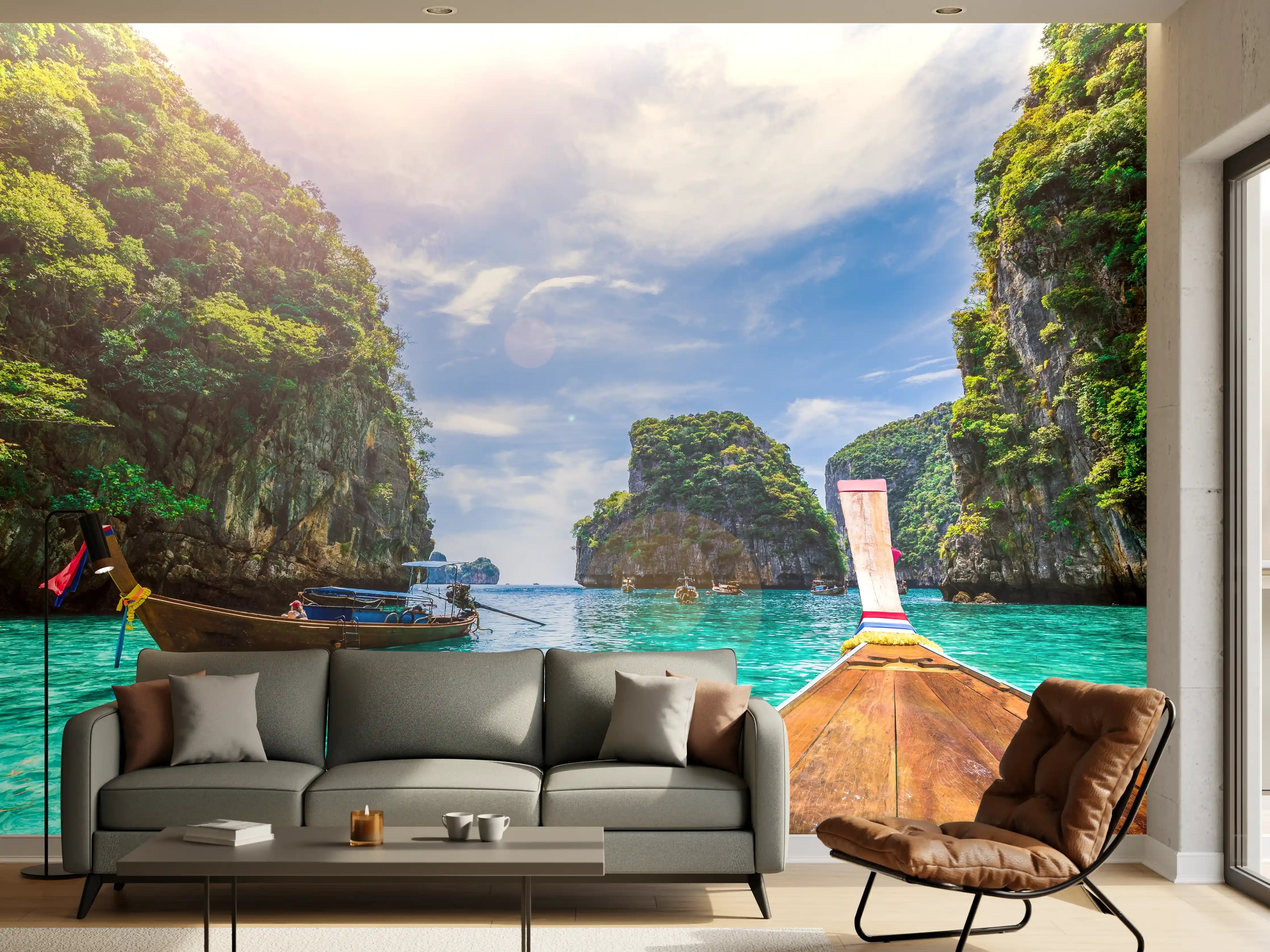 Wandverkleidung Wohnzimmer - Paradiesische Bootsfahrt im türkisblauen Wasser
